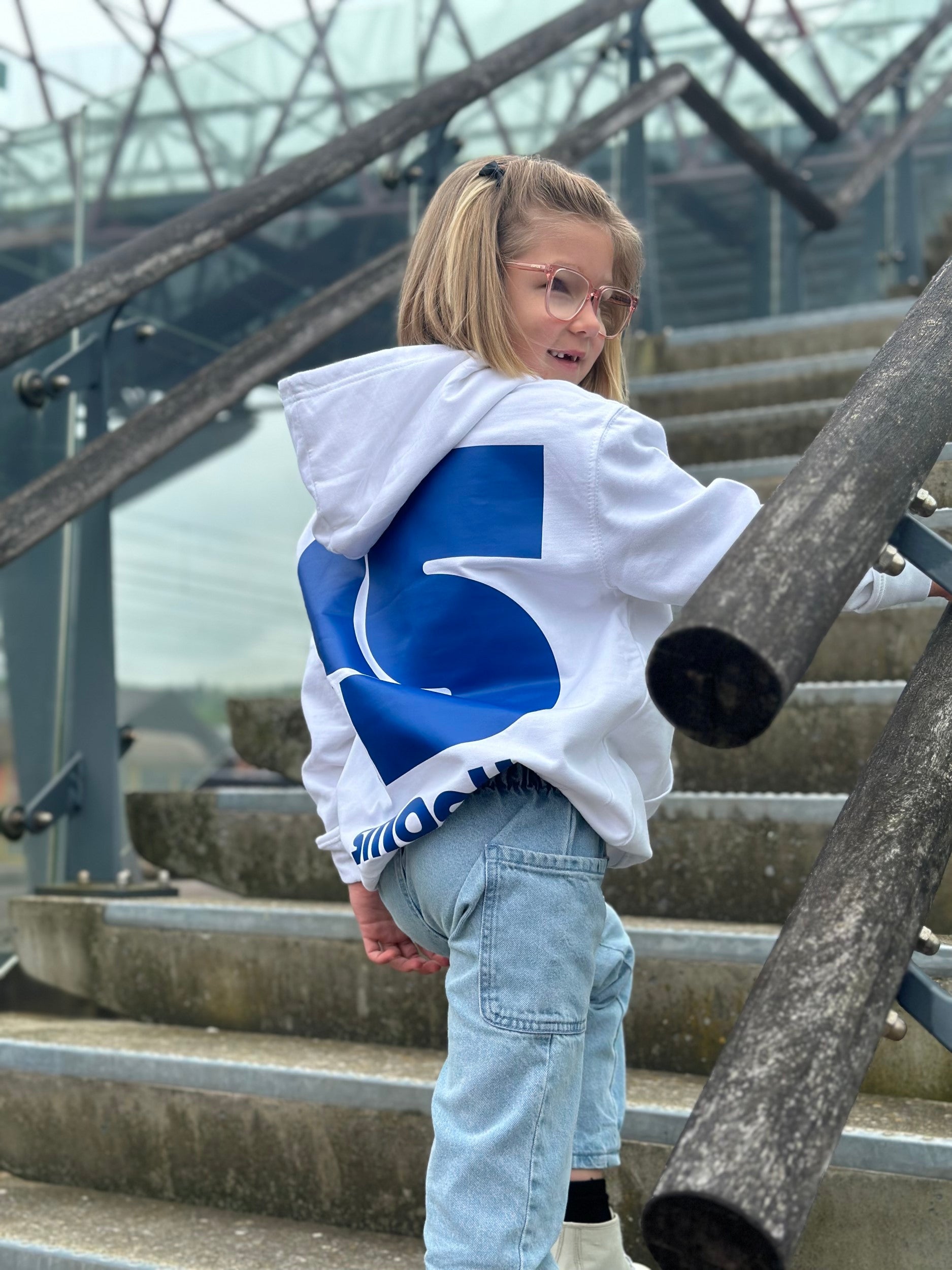 White Kids Hoodie / S Logo Blue Front+Back Girls