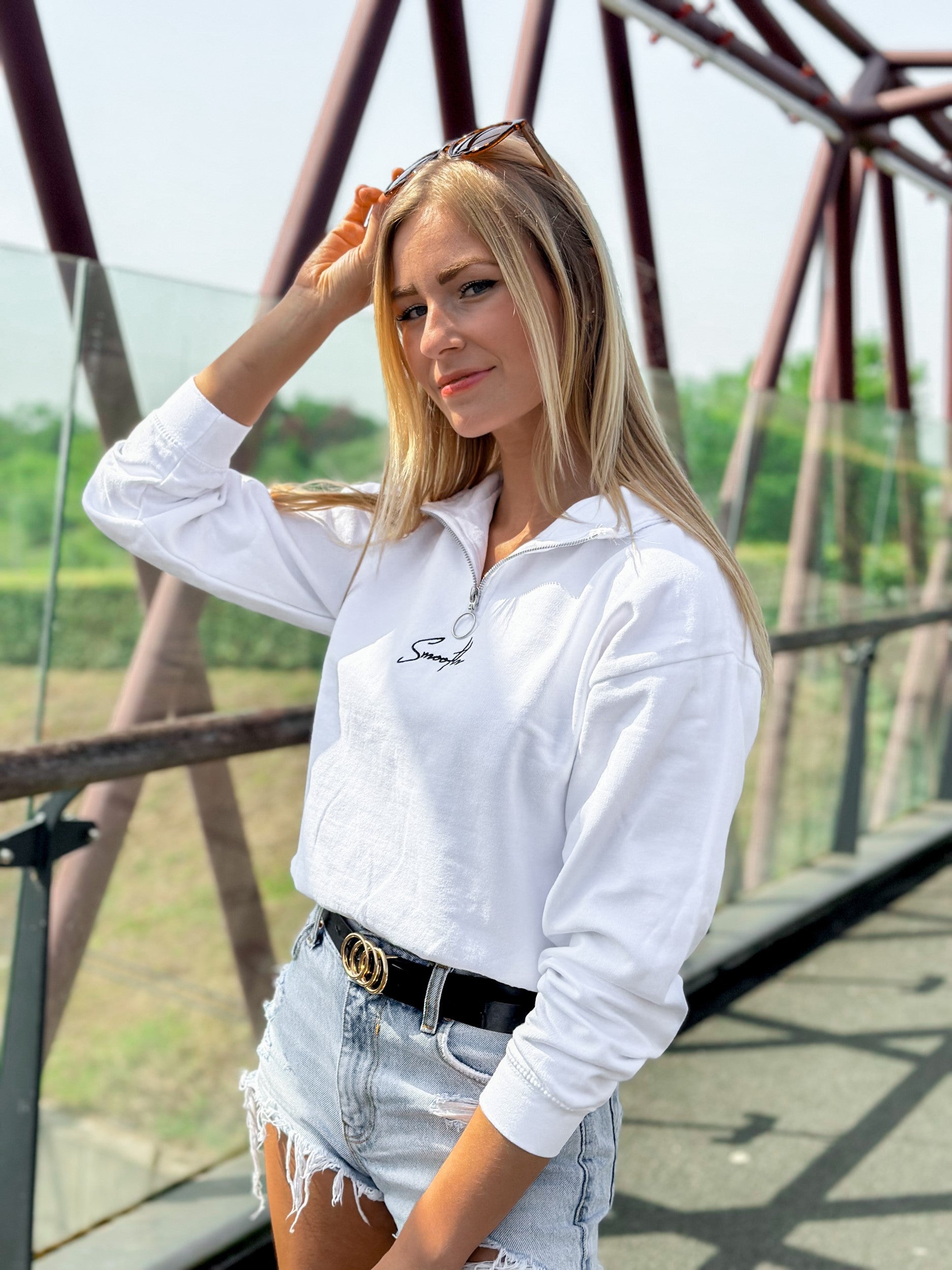 White Cropped Half Zip Crew / Signature Black Women