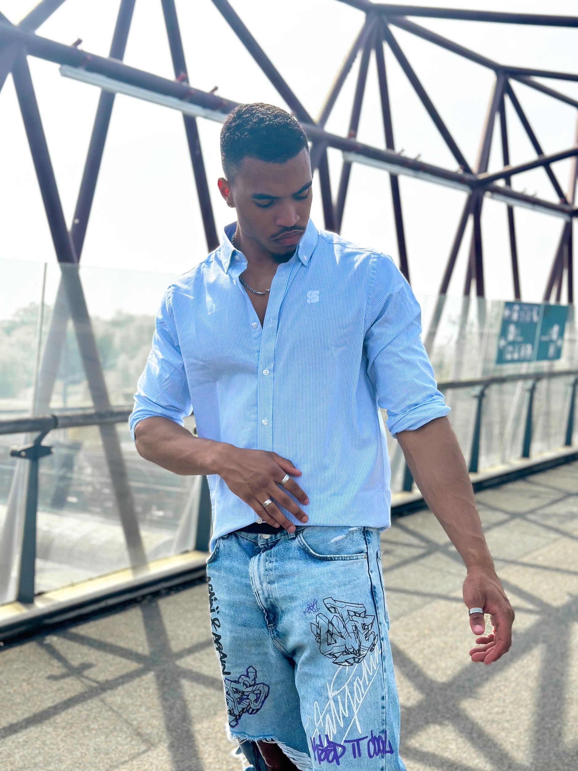 Blue Striped Shirt / S Logo White Embroidered Men