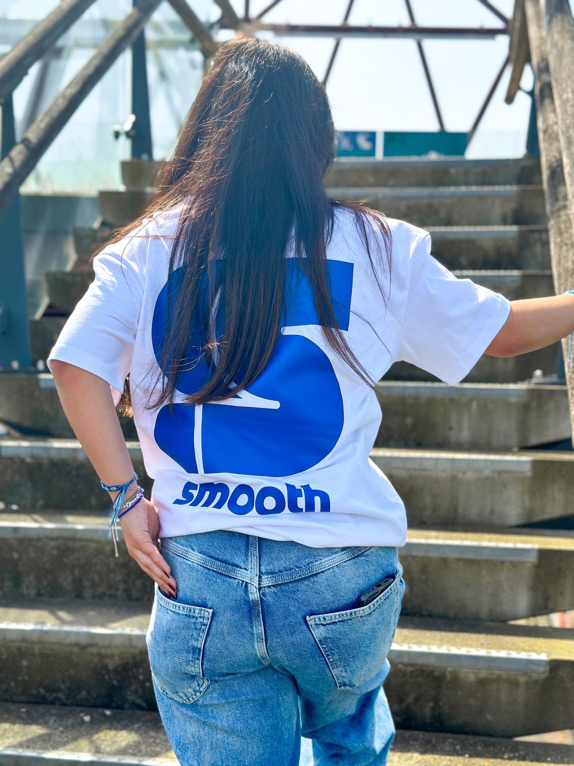 Heavy White T / S Logo Blue Front+Back Women