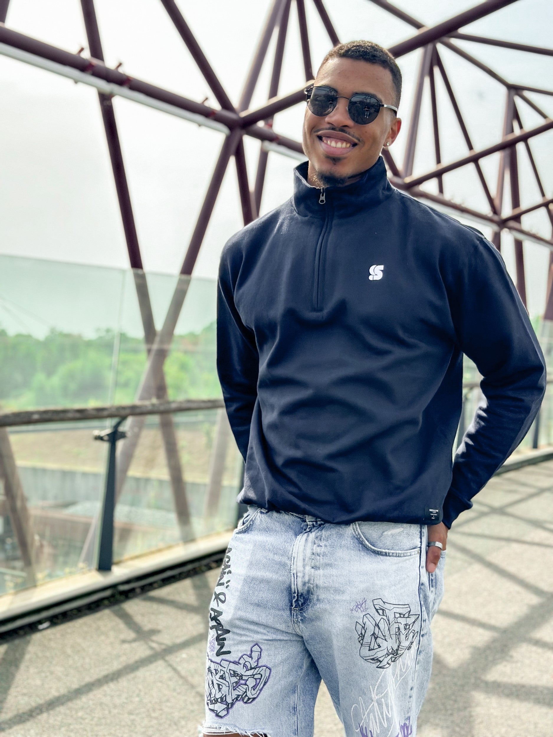 Navy Half Zip Crew / S Logo White Embroidered Men