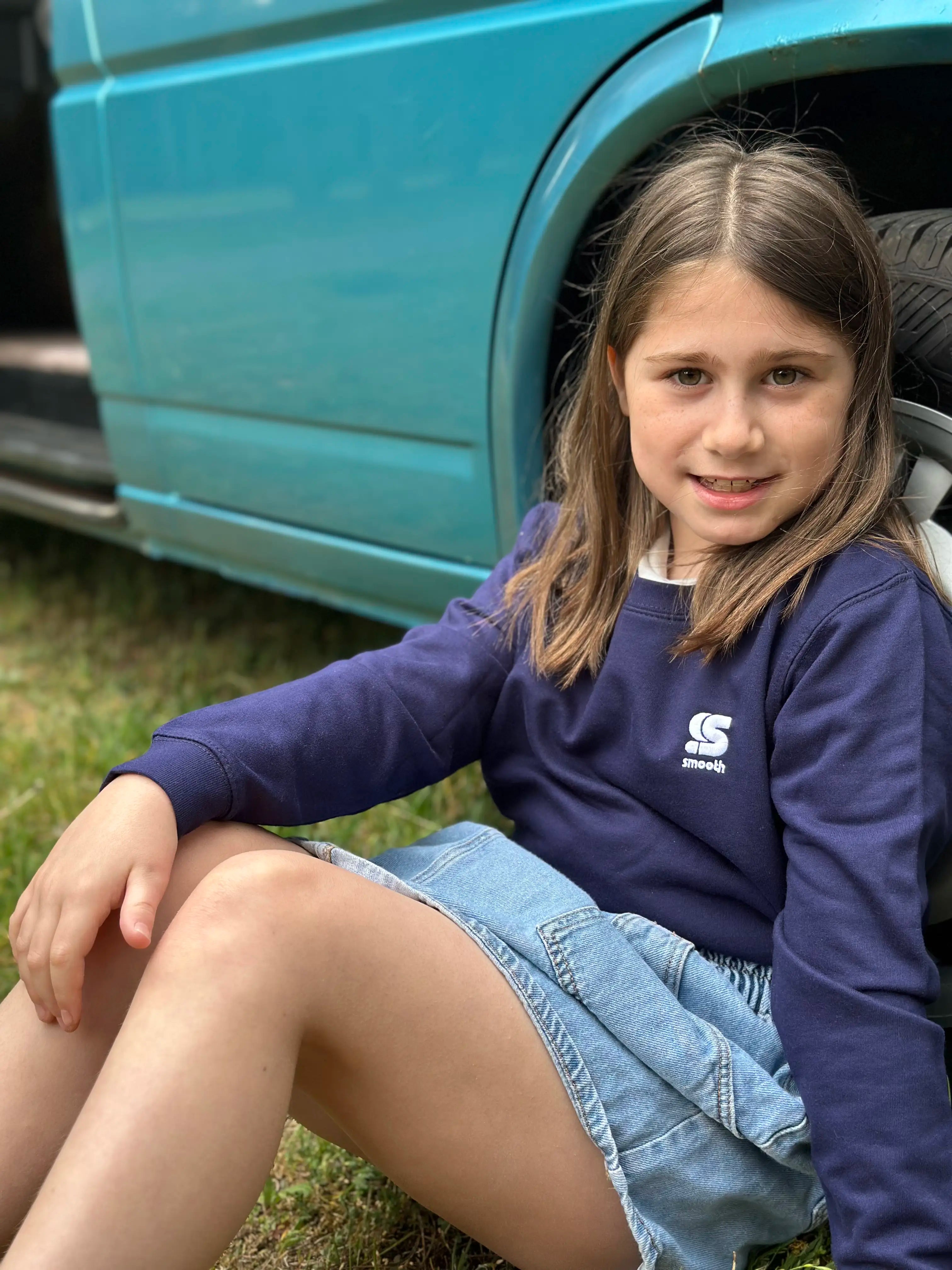 Dark Blue Kids Crew / S Embroidery White Girls