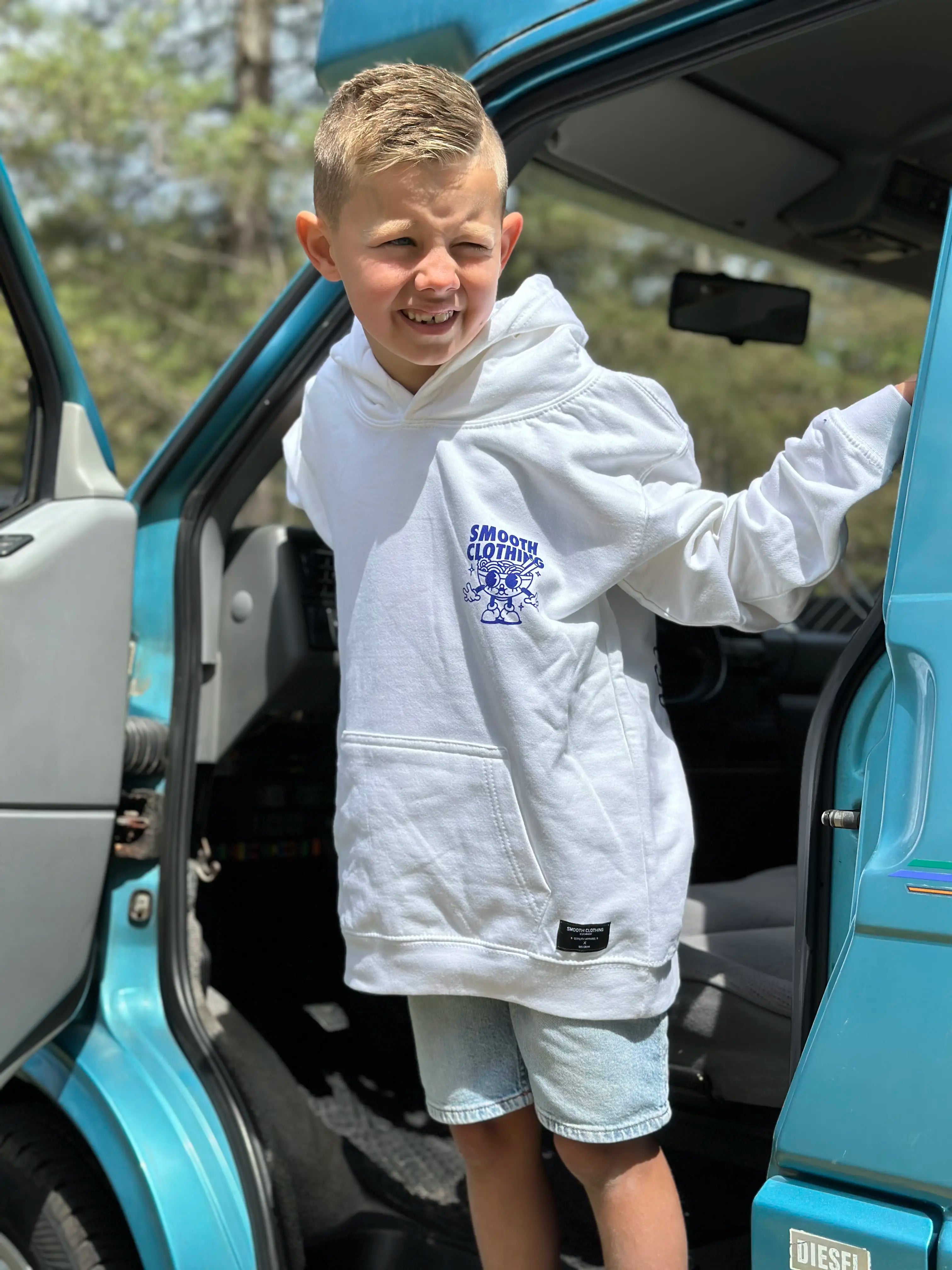 White Kids Hoodie / Noods Blue Front+Back Boys