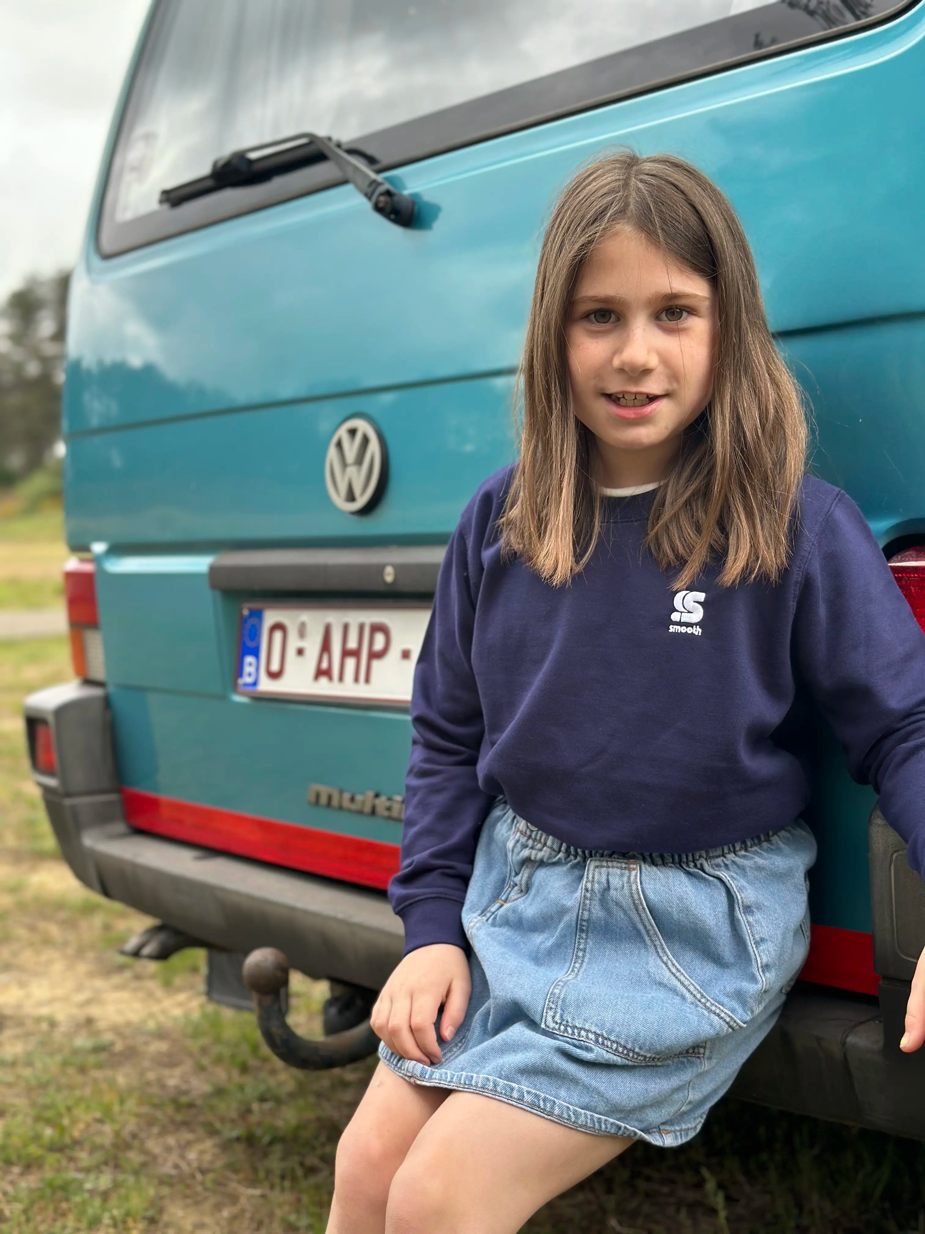 Dark Blue Kids Crew / S Embroidery White Girls