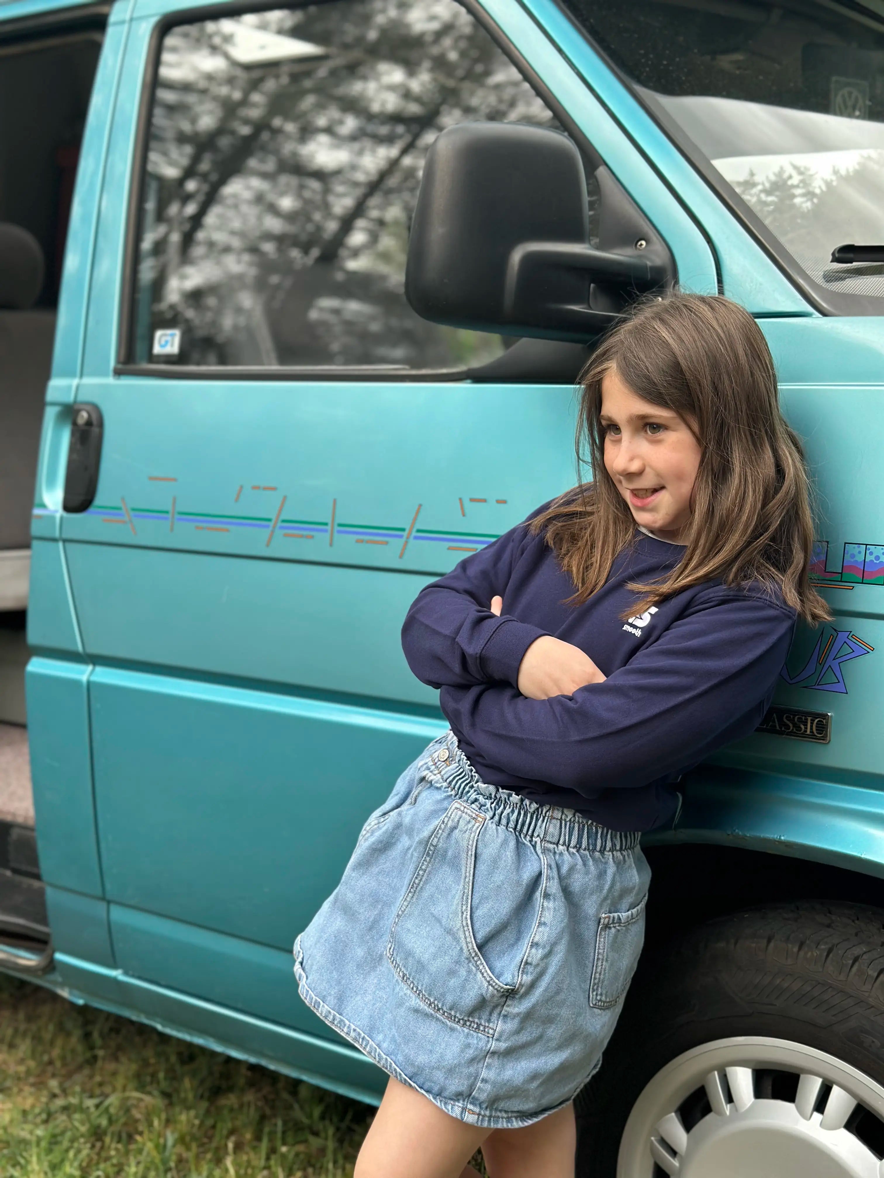 Dark Blue Kids Crew / S Embroidery White Girls