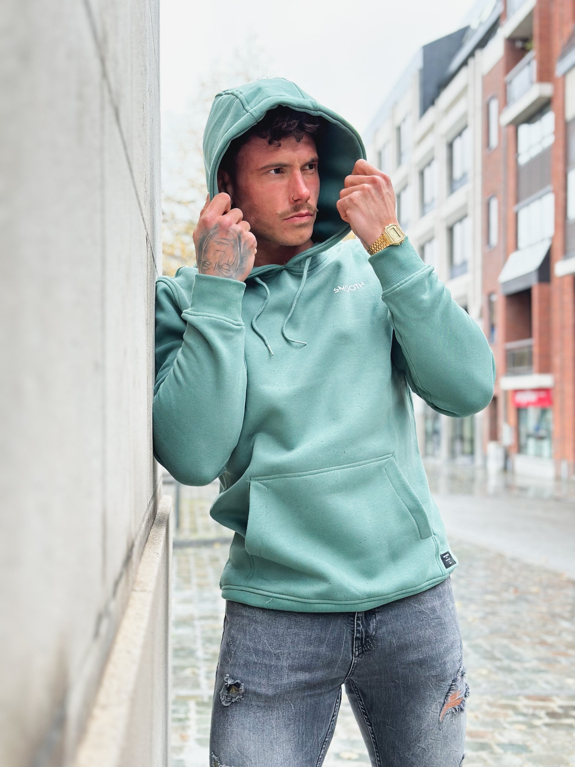 Pale Green Hoodie / Art White Front+Back Men