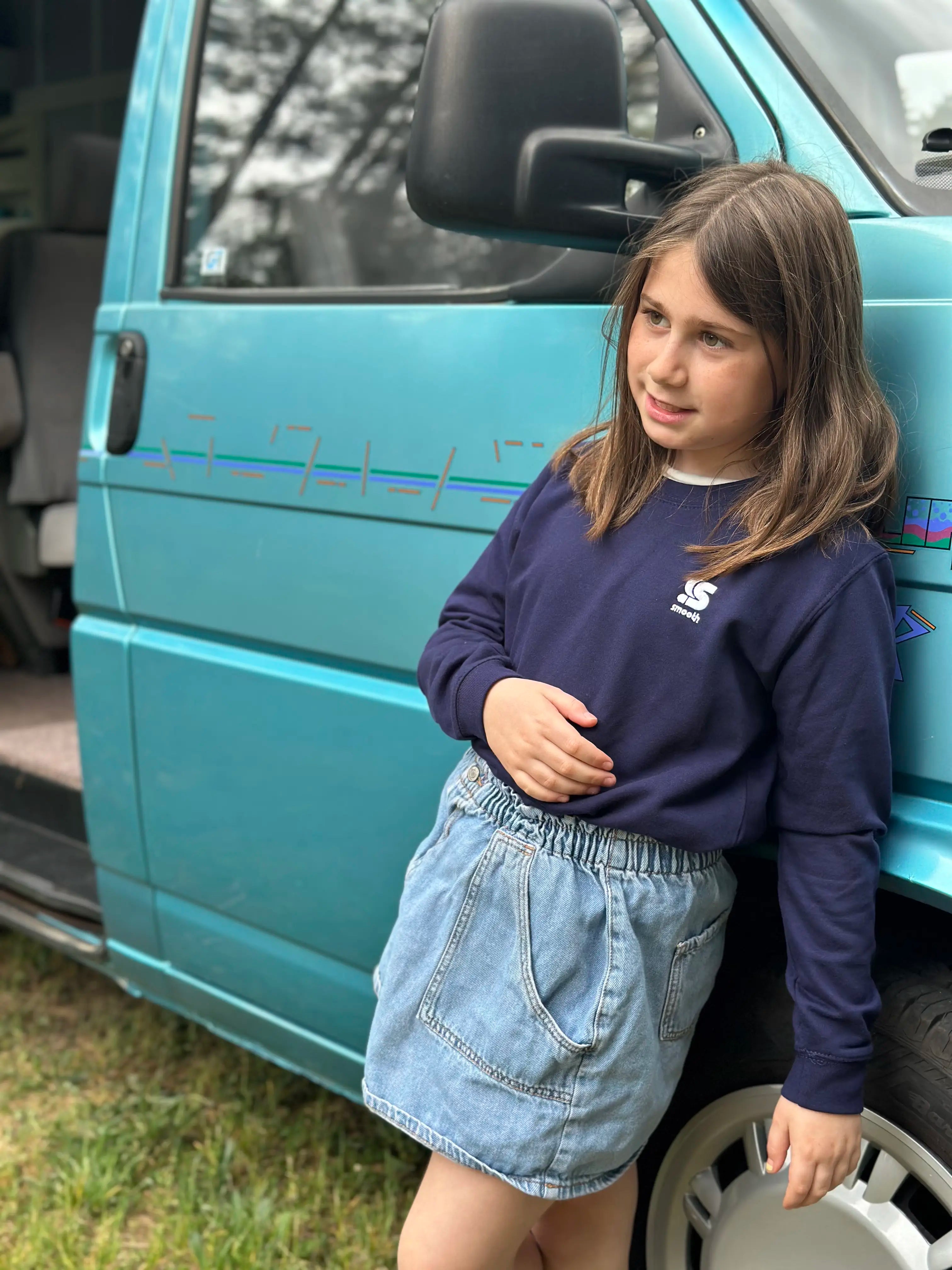 Dark Blue Kids Crew / S Embroidery White Girls