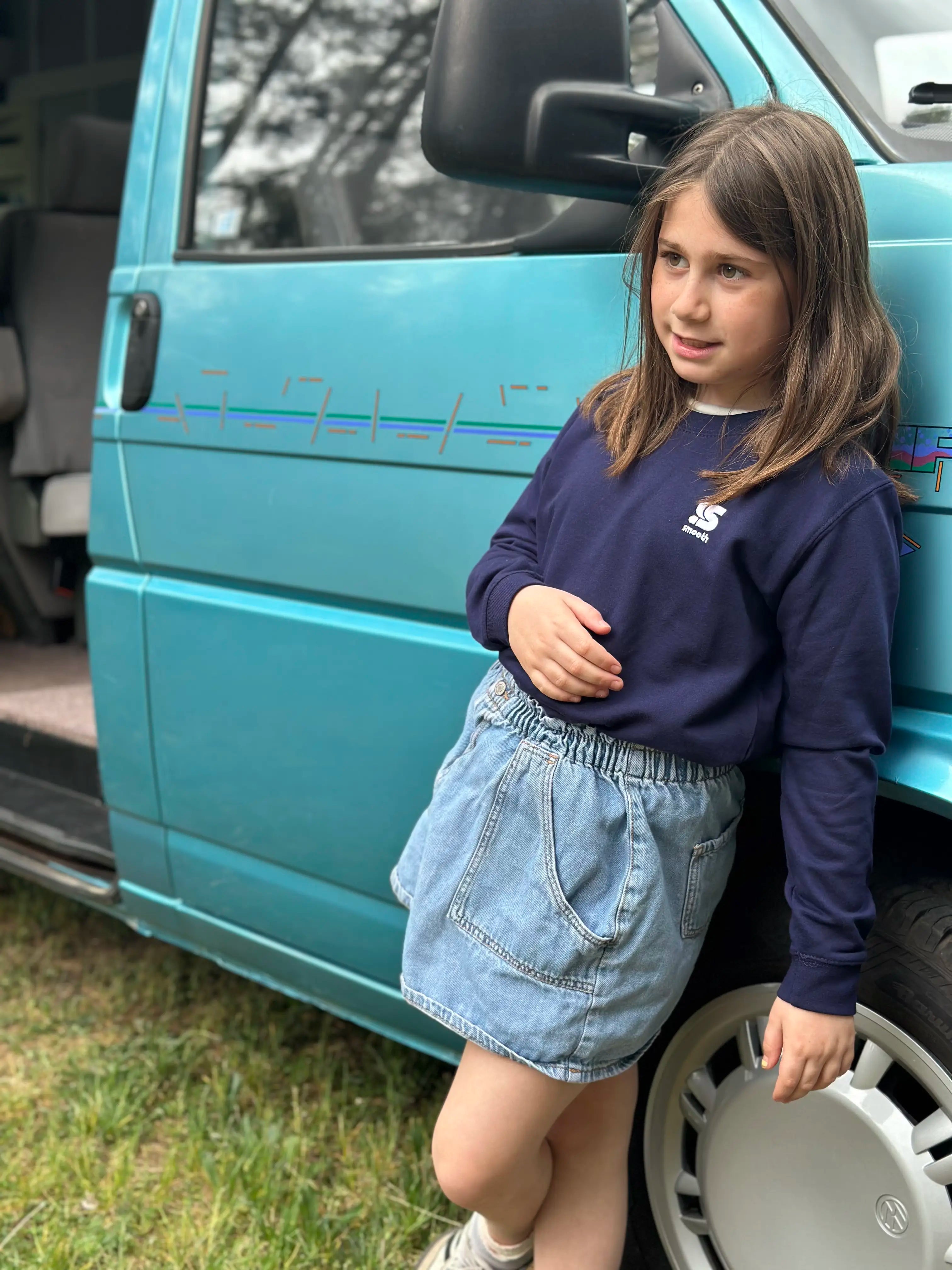 Dark Blue Kids Crew / S Embroidery White Girls