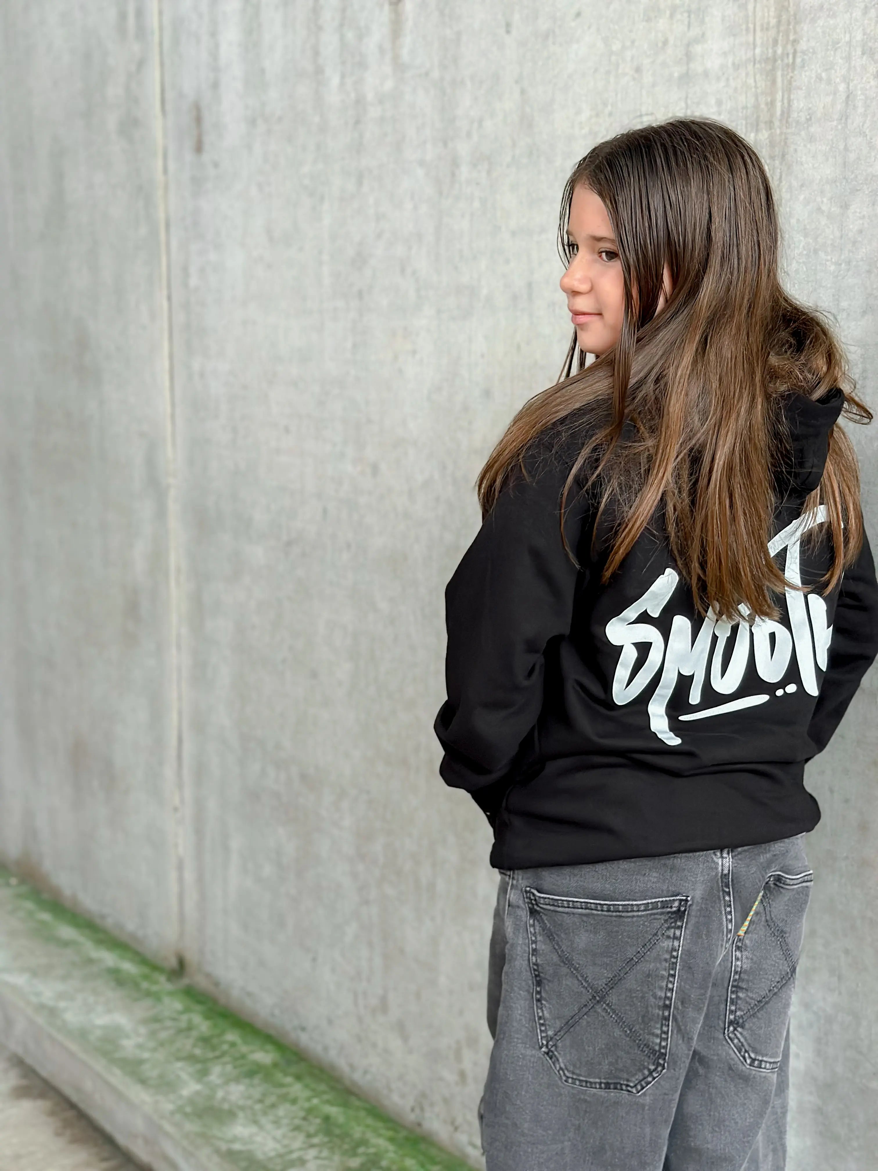 Black Kids Hoodie / Dainty White Front+Back Girls