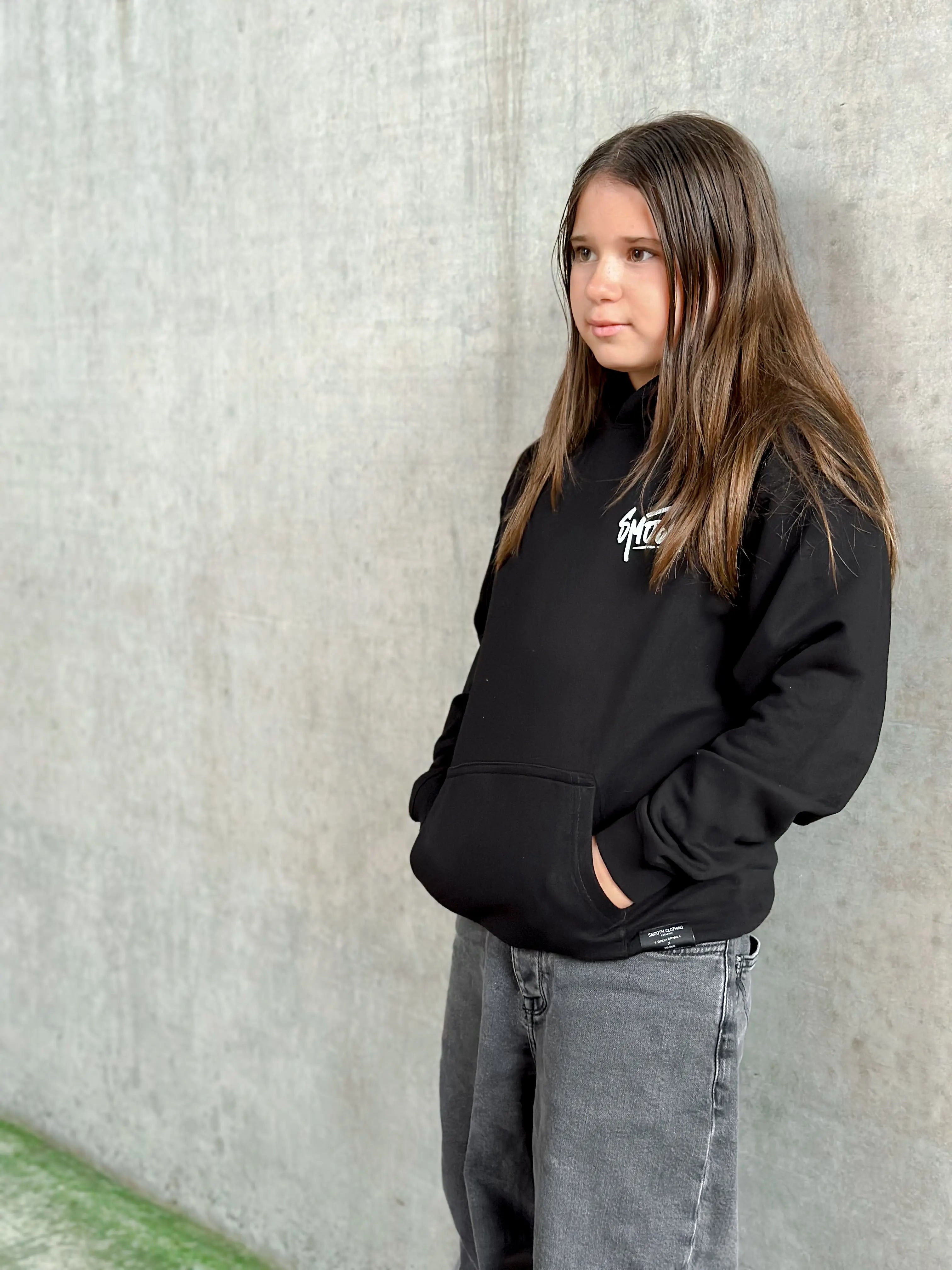 Black Kids Hoodie / Dainty White Front+Back Girls
