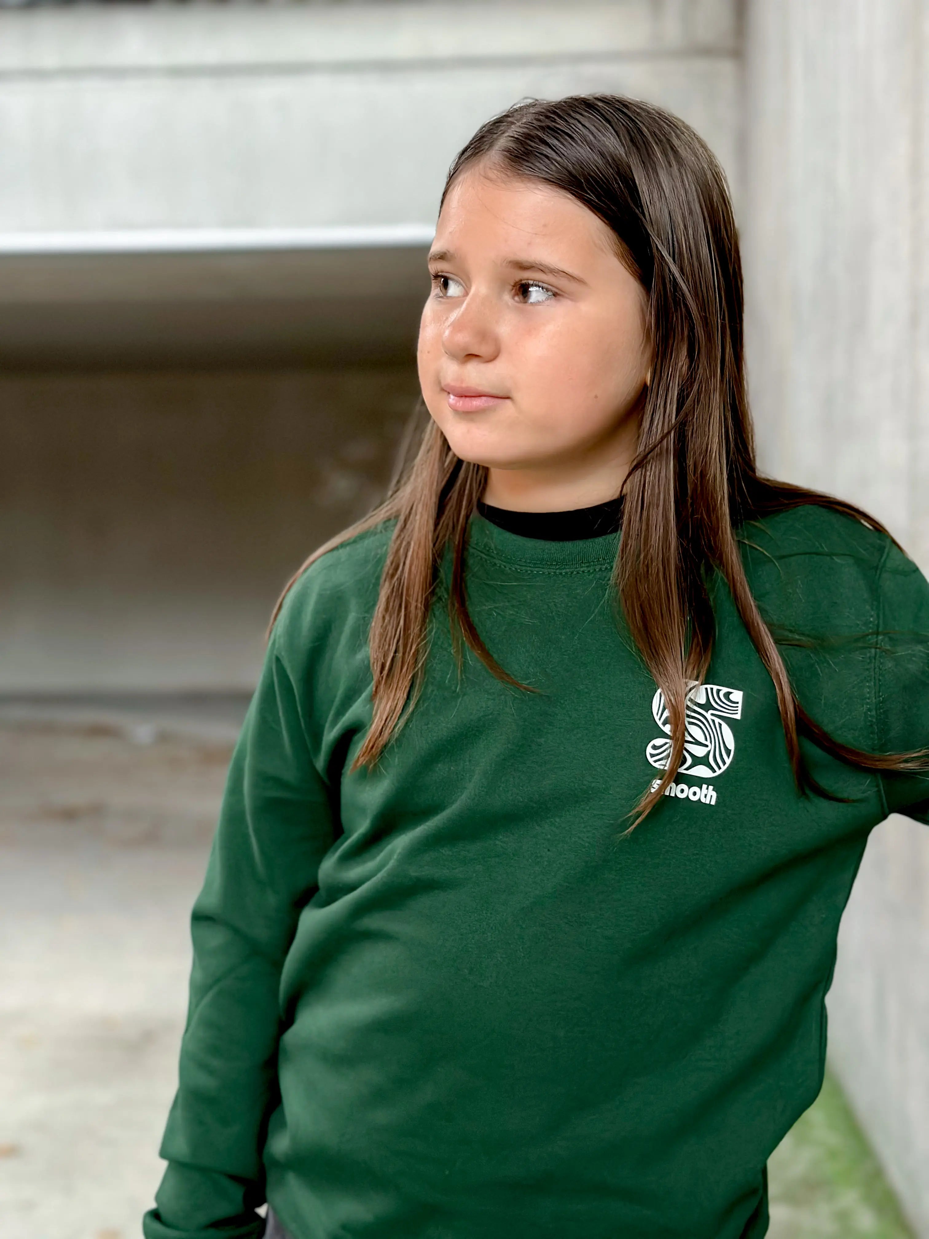 Bottle Green Kids Crew / S Pattern White Front Girls