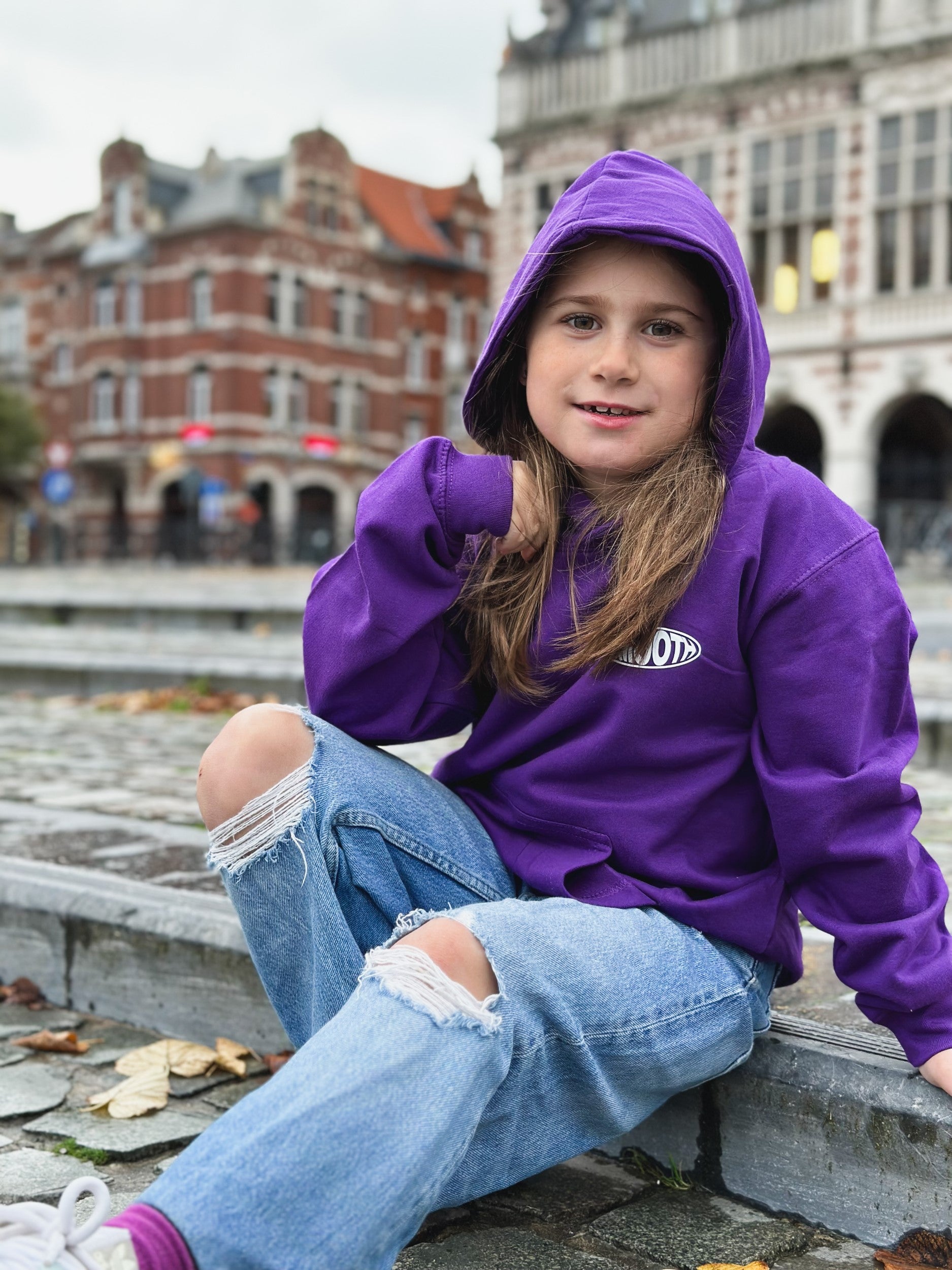 Dark Purple Kids Hoodie / Oval White Front+Back Girls