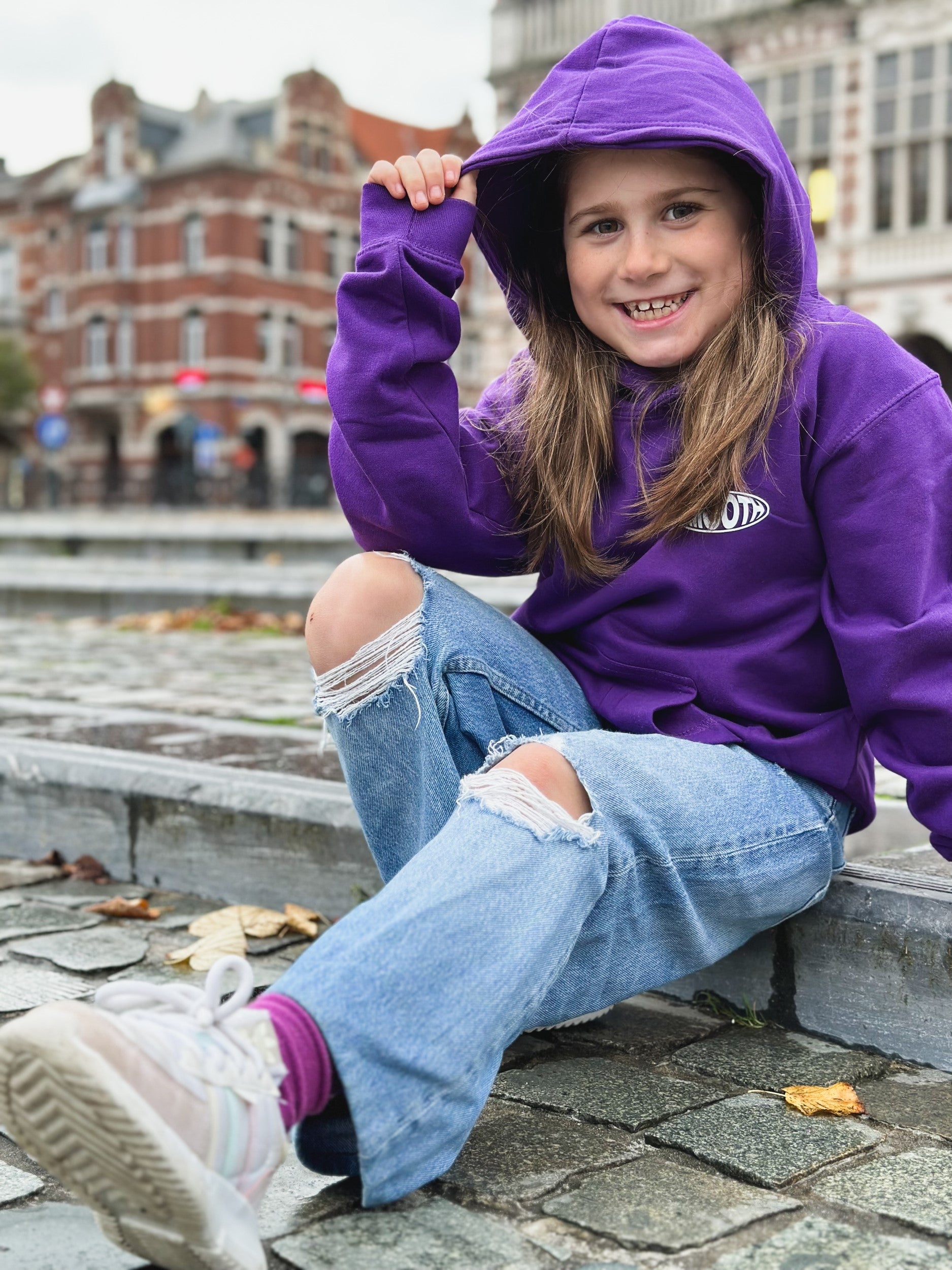 Dark Purple Kids Hoodie / Oval White Front+Back Girls