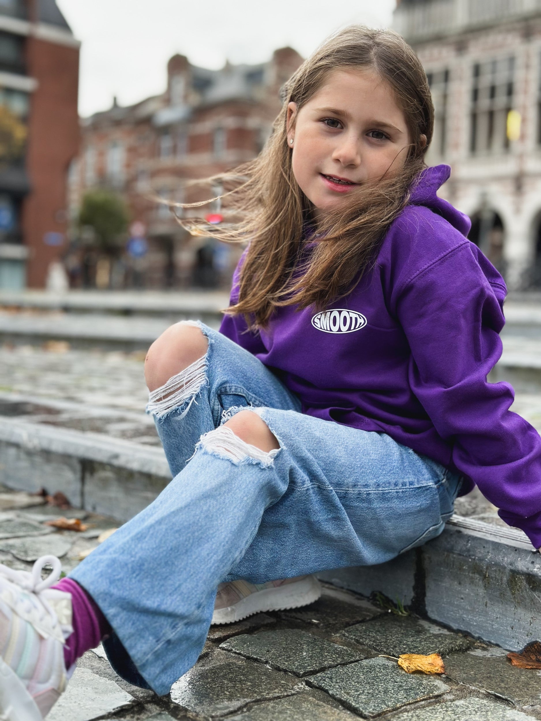 Dark Purple Kids Hoodie / Oval White Front+Back Girls