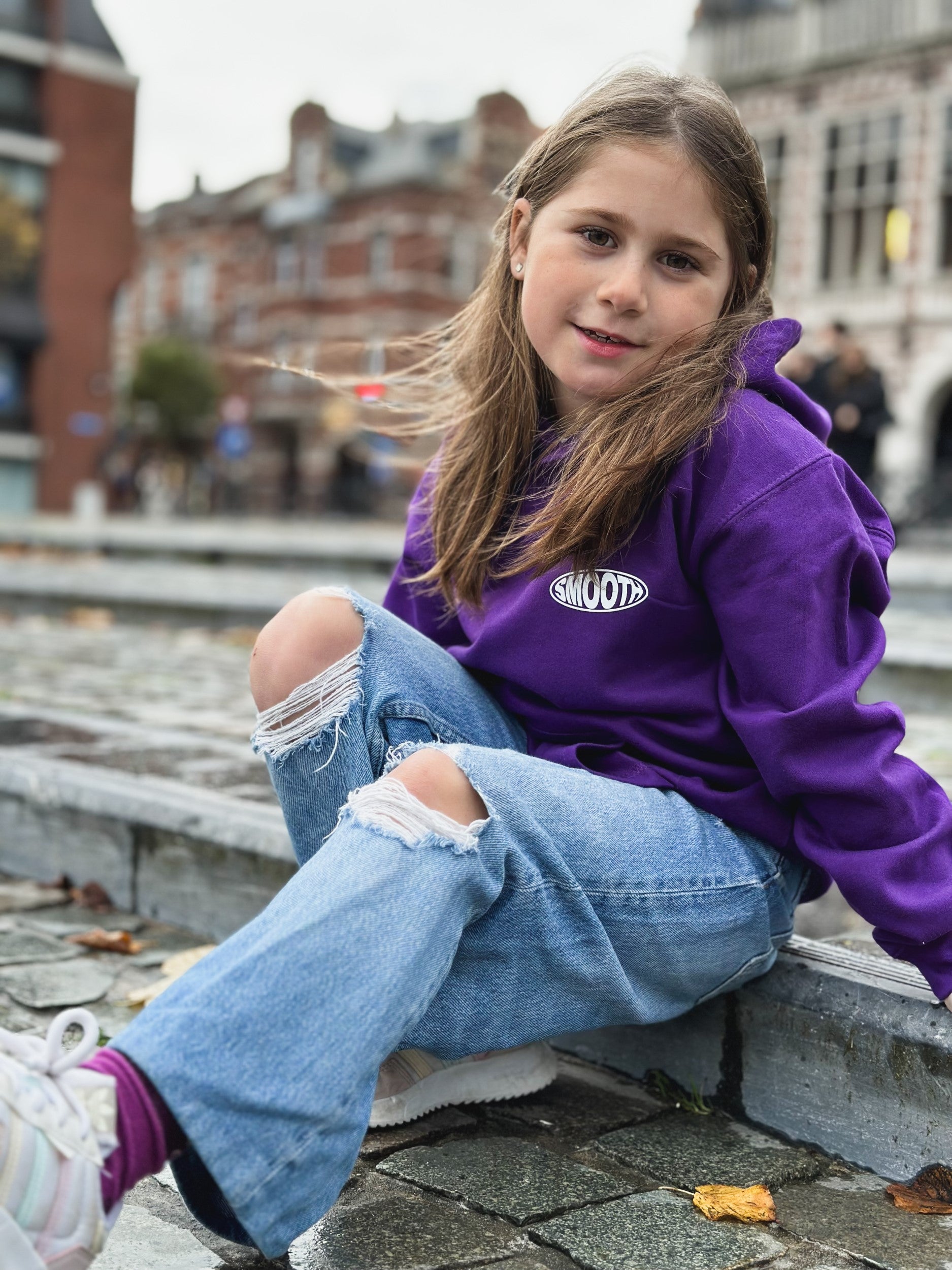 Dark Purple Kids Hoodie / Oval White Front+Back Girls