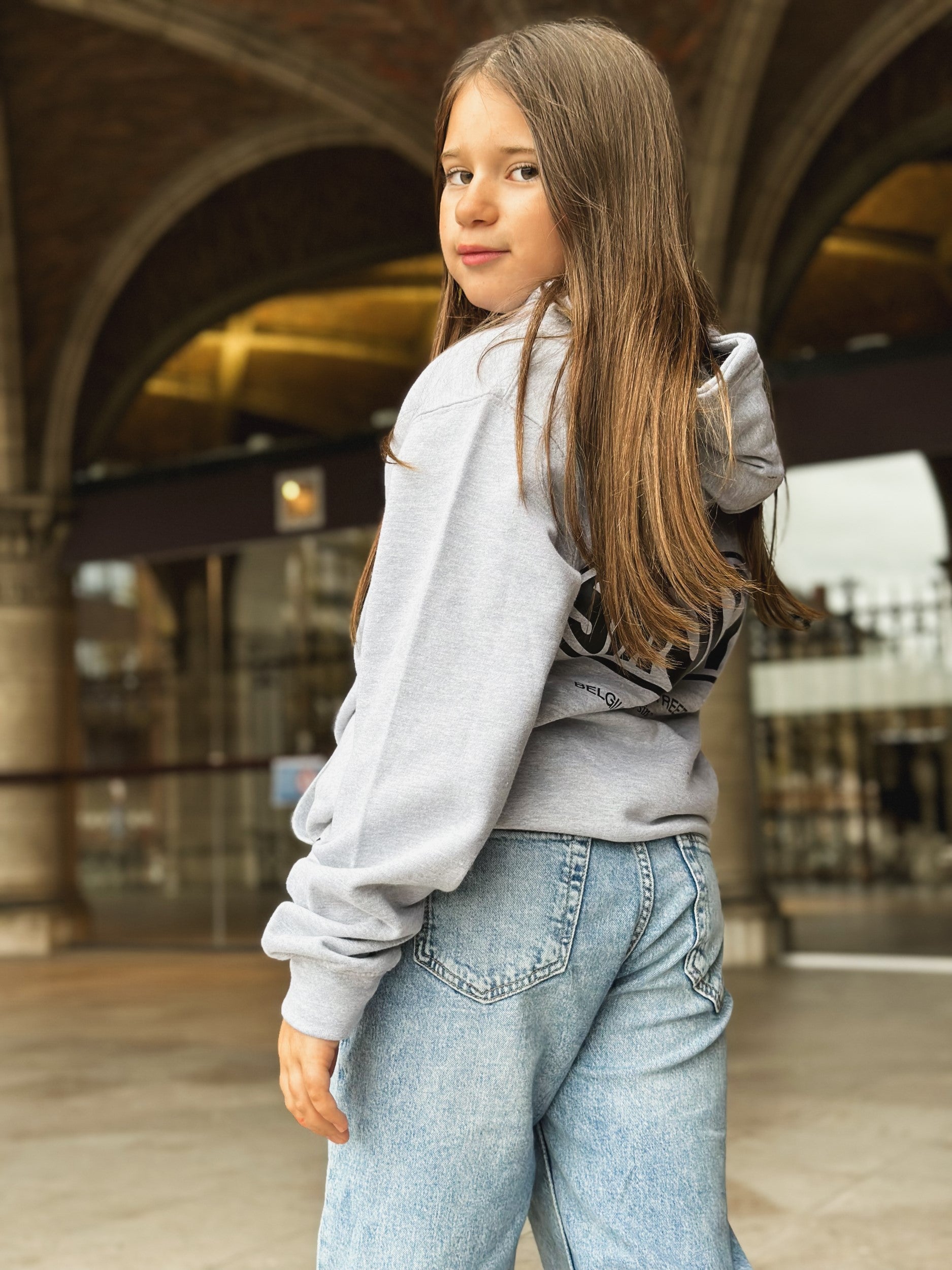 Grey Kids Hoodie / Oval Black Front+Back Girls