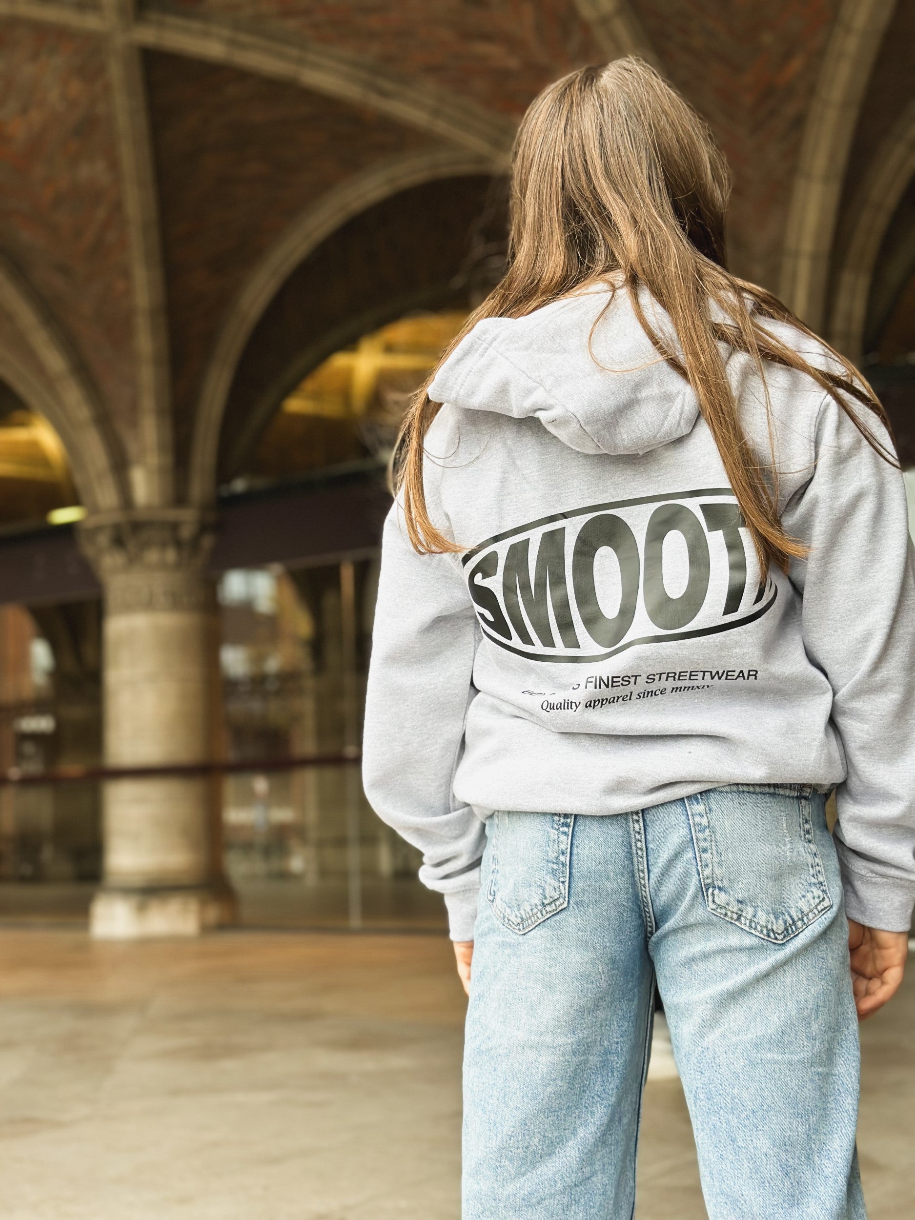 Grey Kids Hoodie / Oval Black Front+Back Girls