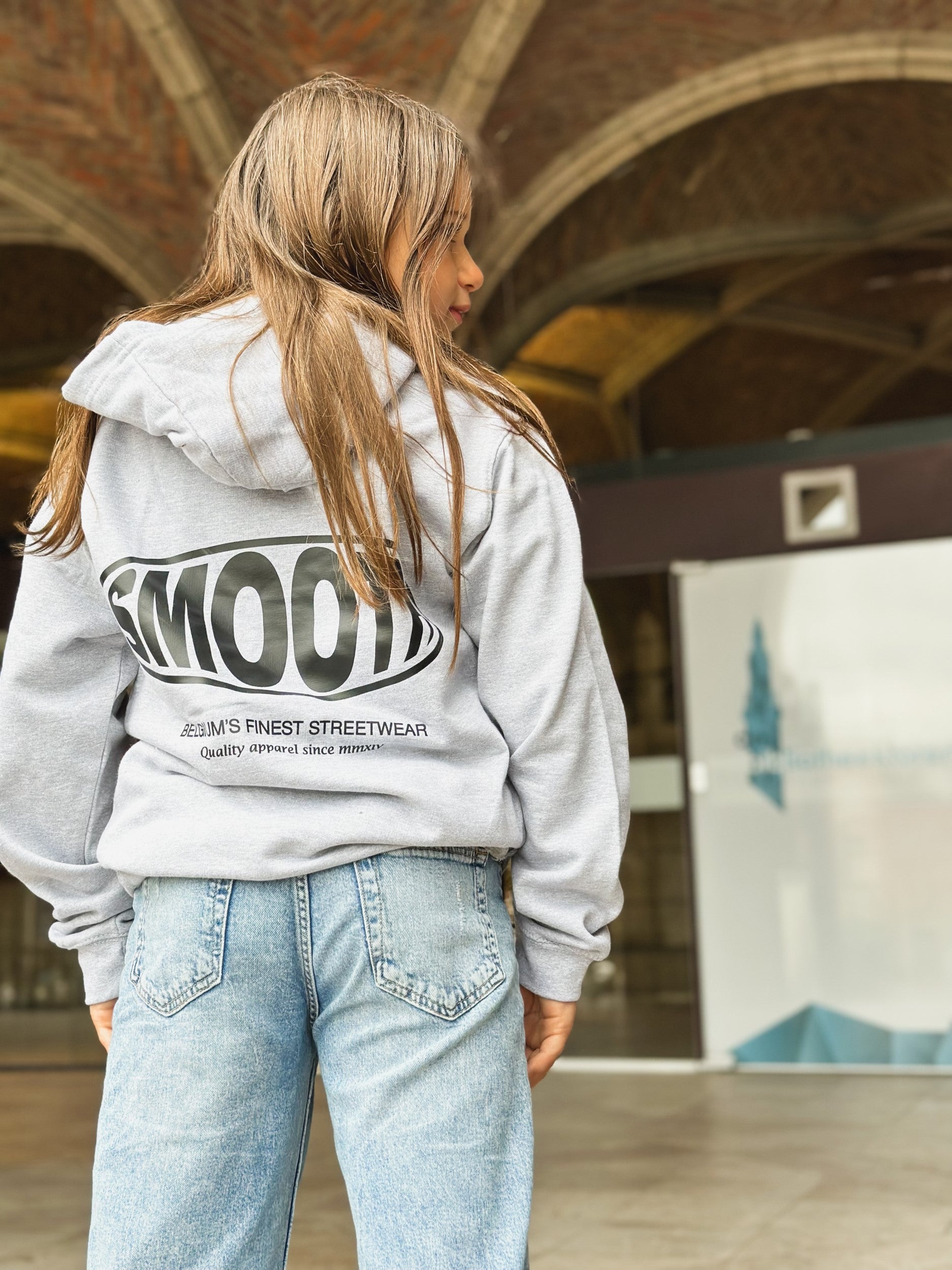 Grey Kids Hoodie / Oval Black Front+Back Girls