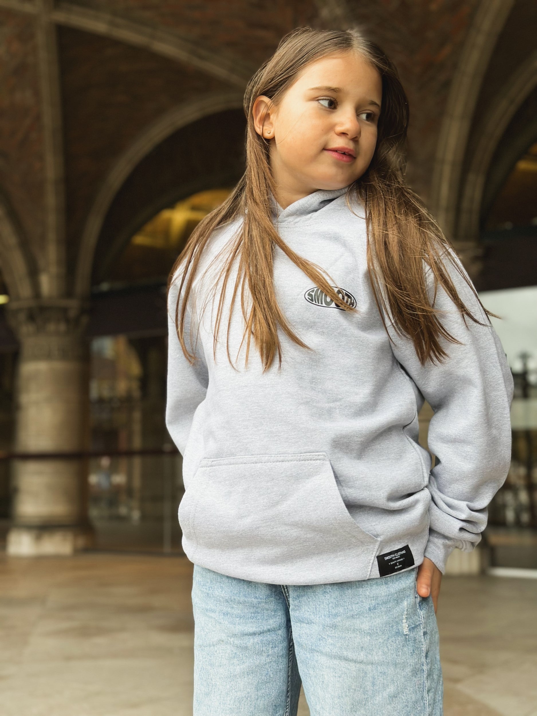 Grey Kids Hoodie / Oval Black Front+Back Girls