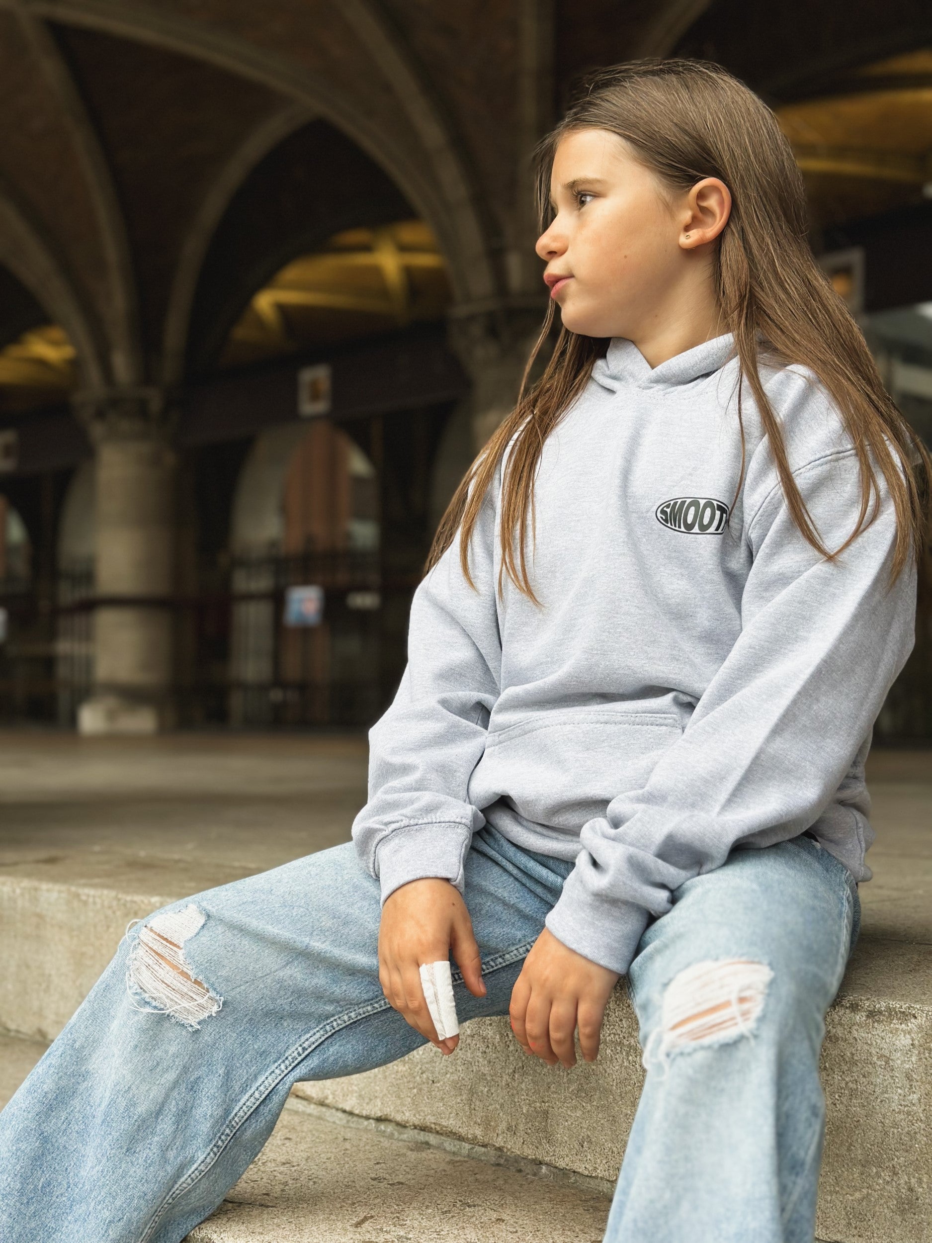 Grey Kids Hoodie / Oval Black Front+Back Girls