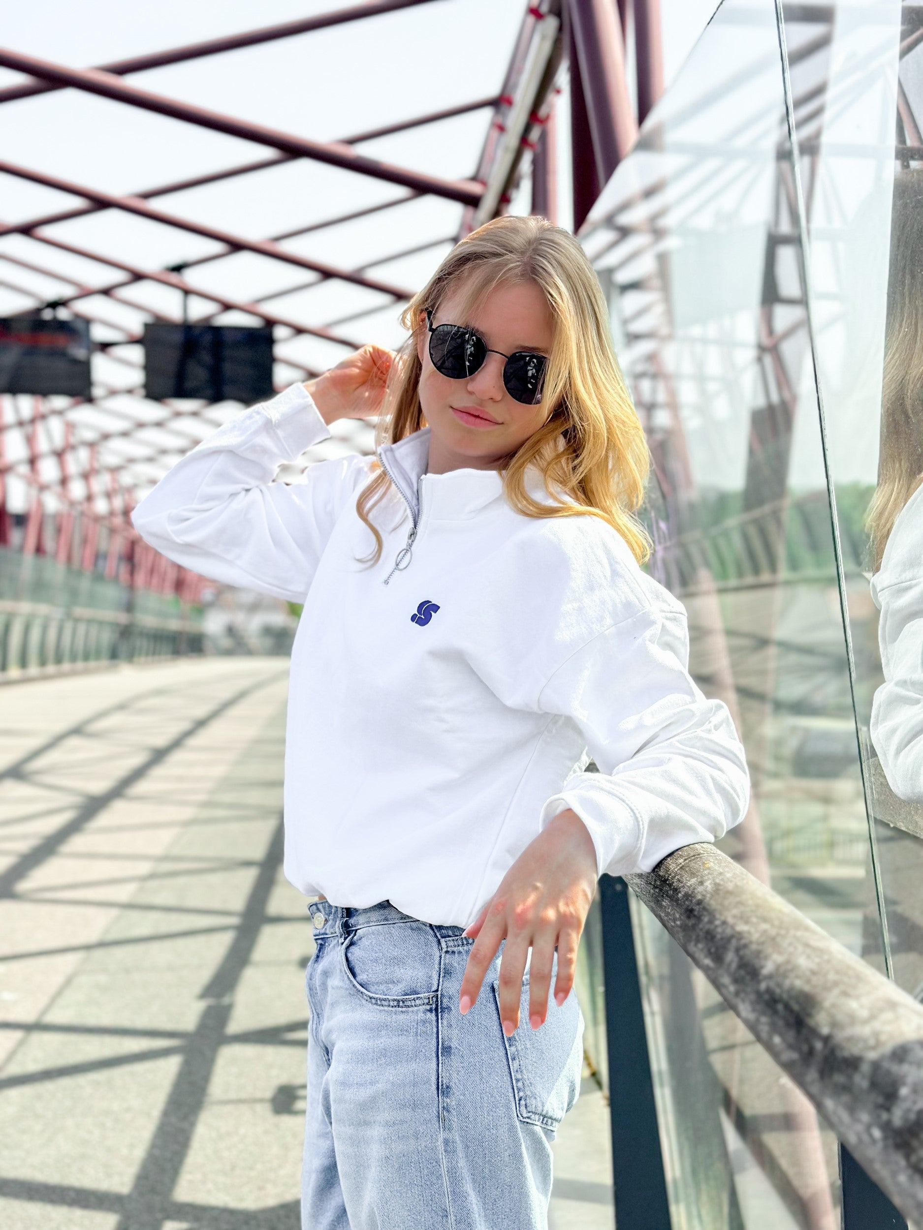 White Cropped Half Zip Crew / S Logo Blue Embroidered Women