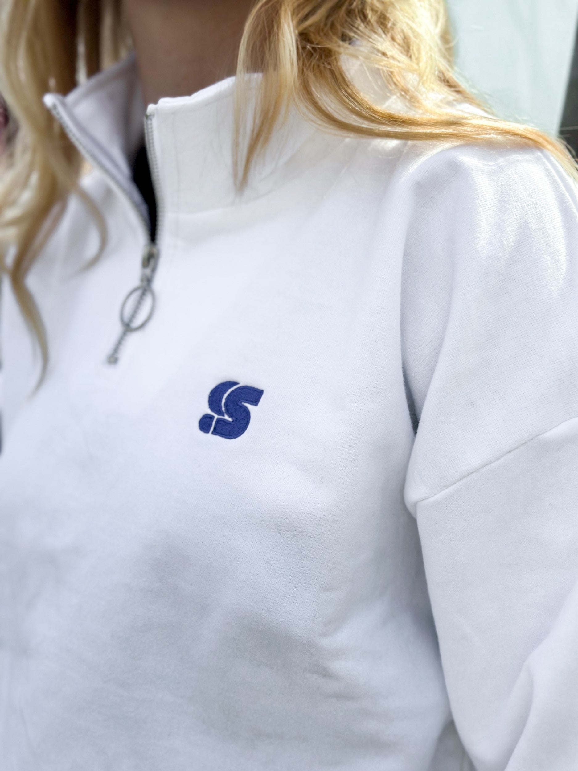 White Cropped Half Zip Crew / S Logo Blue Embroidered Women