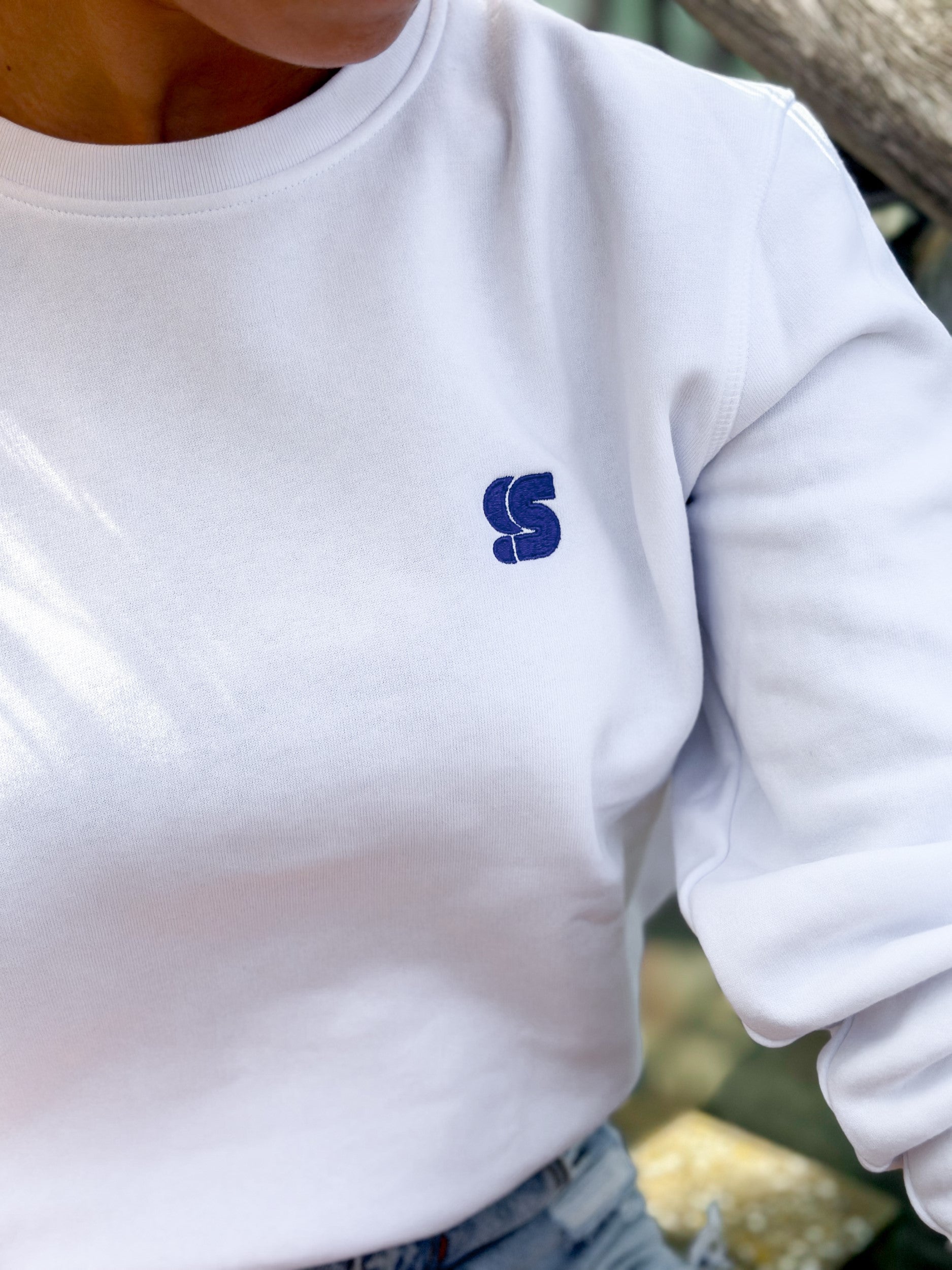 White Crew / S Logo Blue Embroidered Women