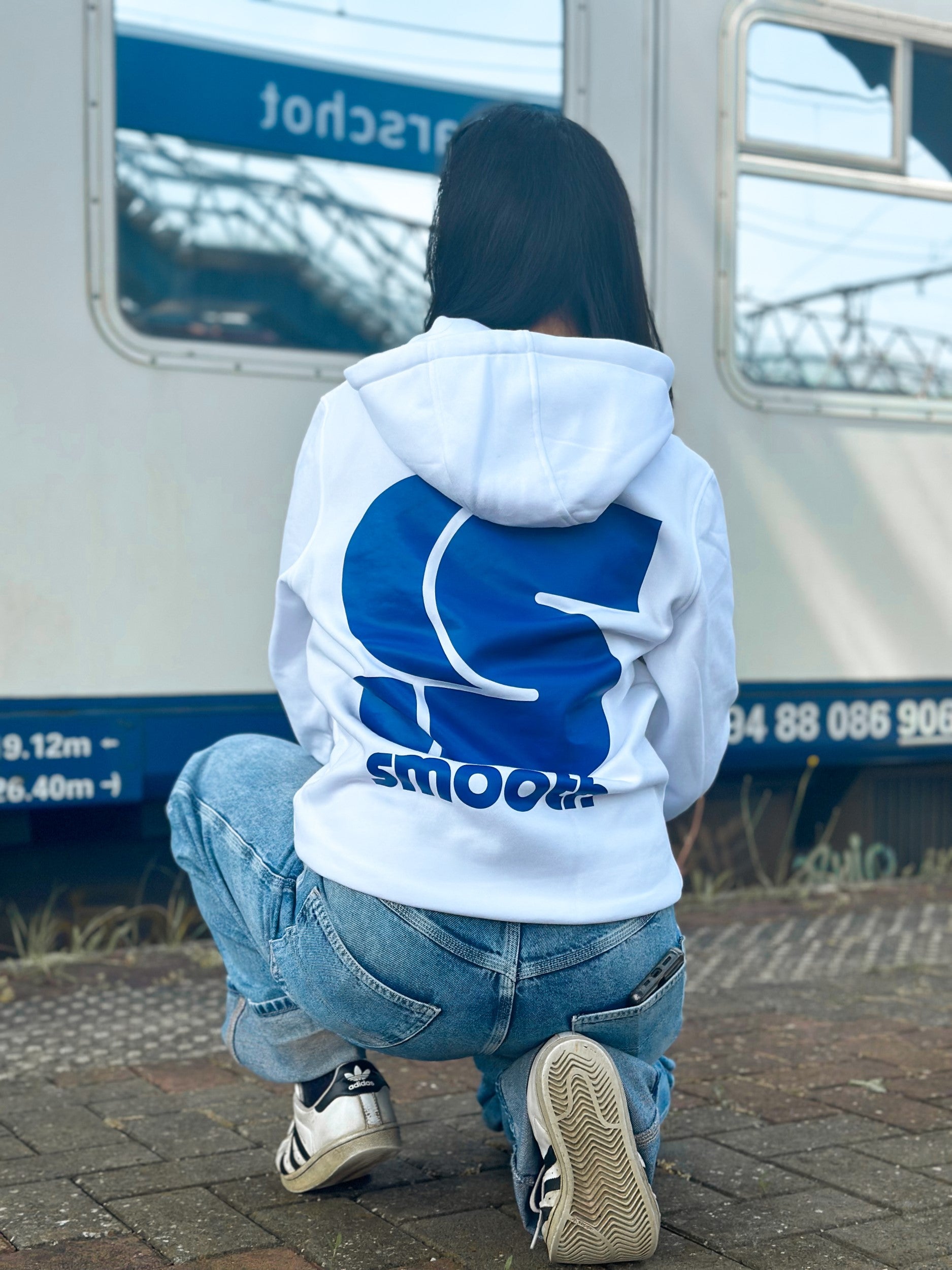 White Hoodie / S Logo Blue Front+Back Women