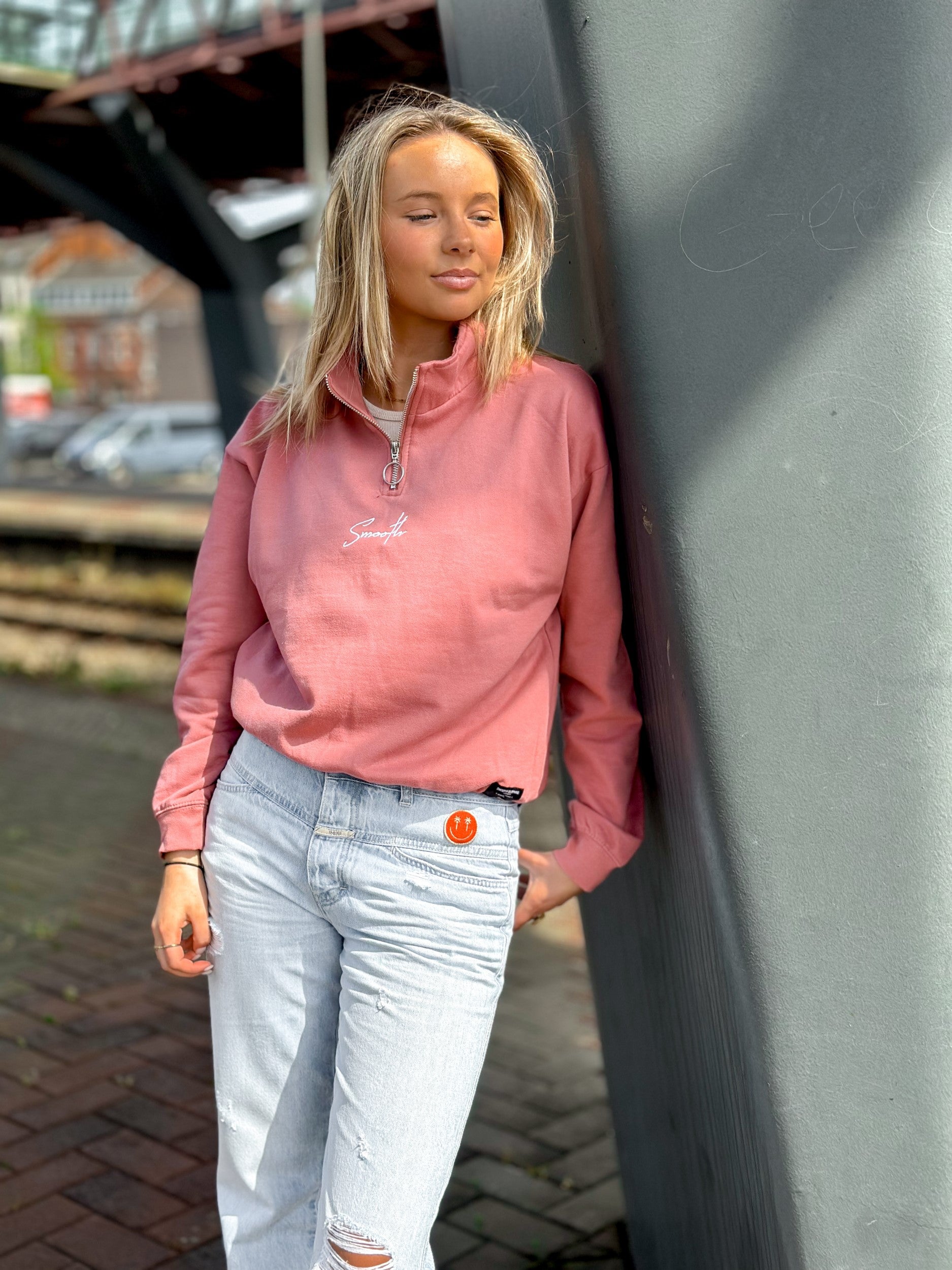 Dusty Rose Cropped Half Zip Crew / Signature White Women