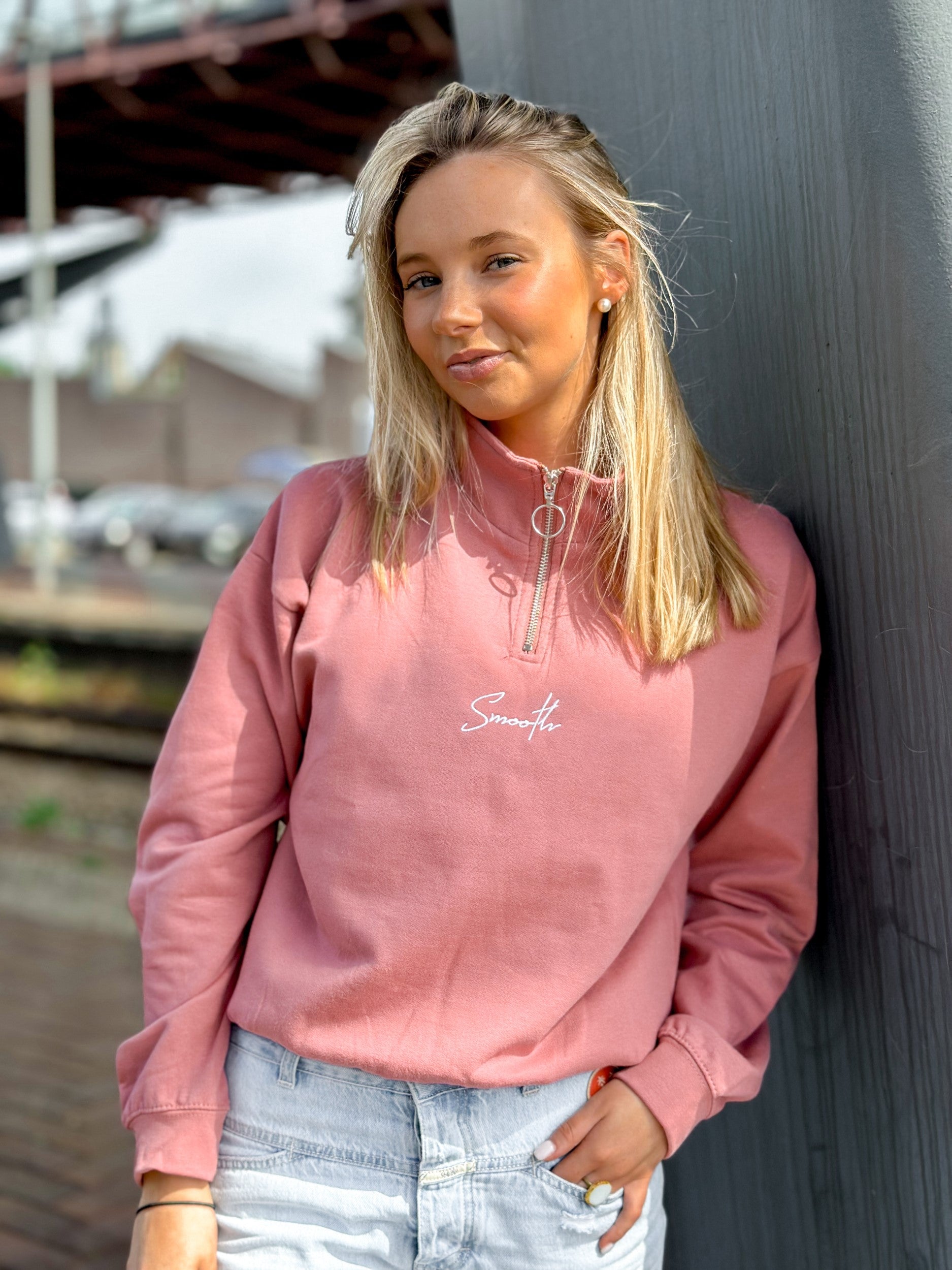 Dusty Rose Cropped Half Zip Crew / Signature White Women