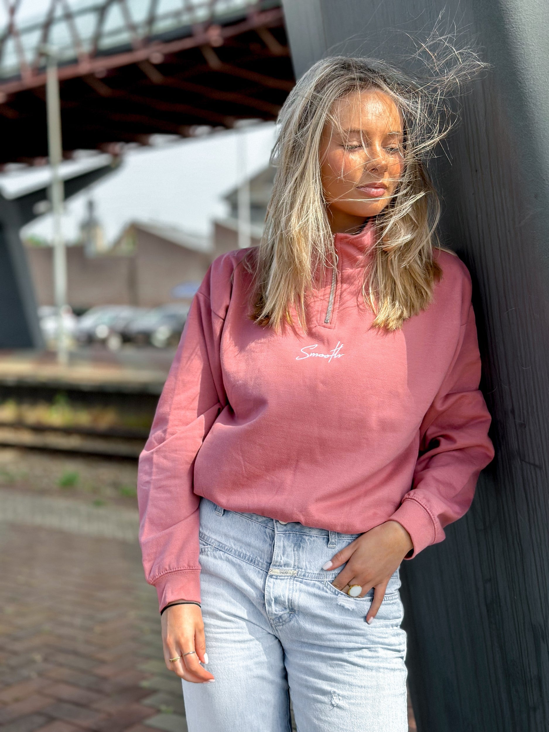 Dusty Rose Cropped Half Zip Crew / Signature White Women