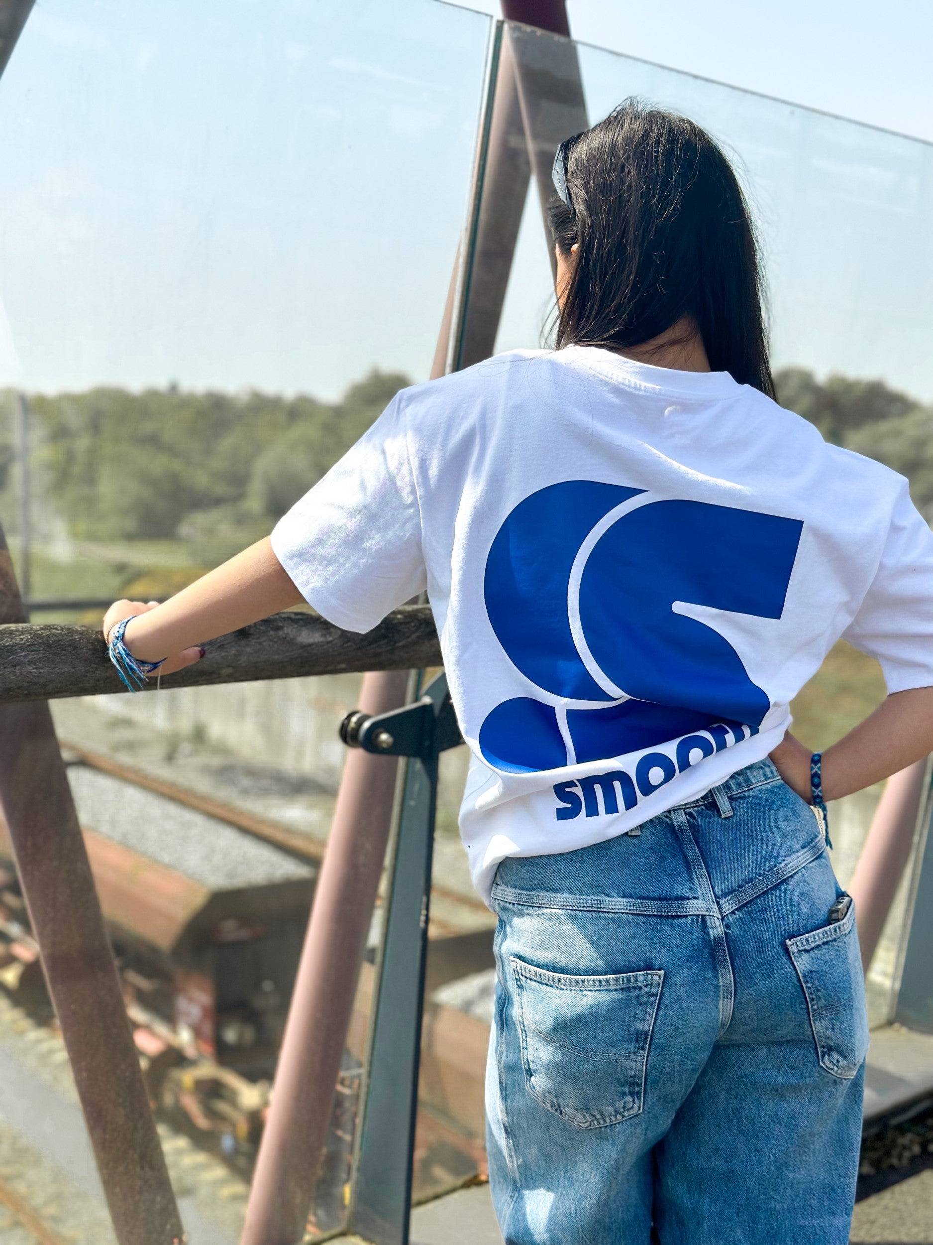 Heavy White T / S Logo Blue Front+Back Women