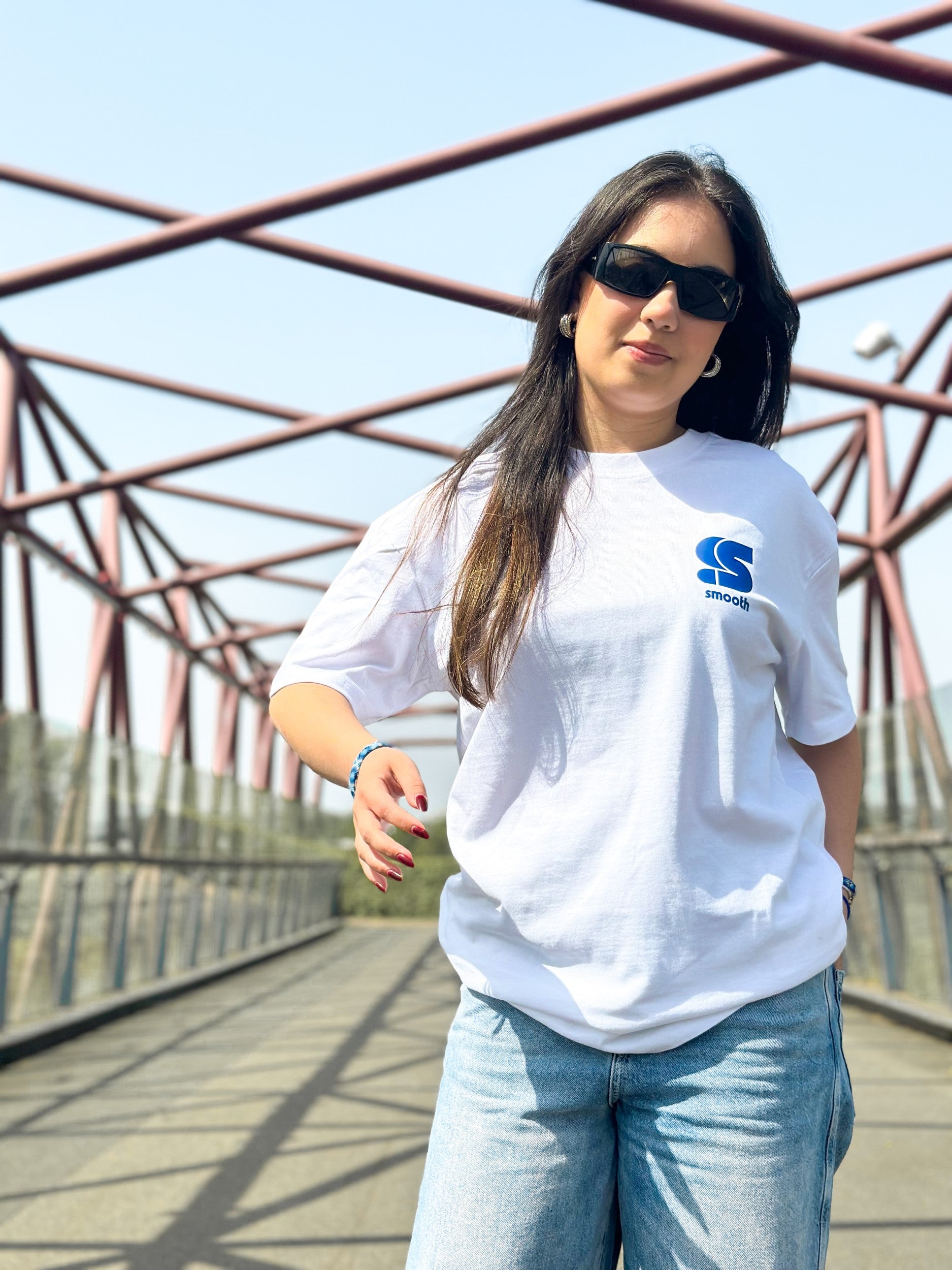 Heavy White T / S Logo Blue Front+Back Women