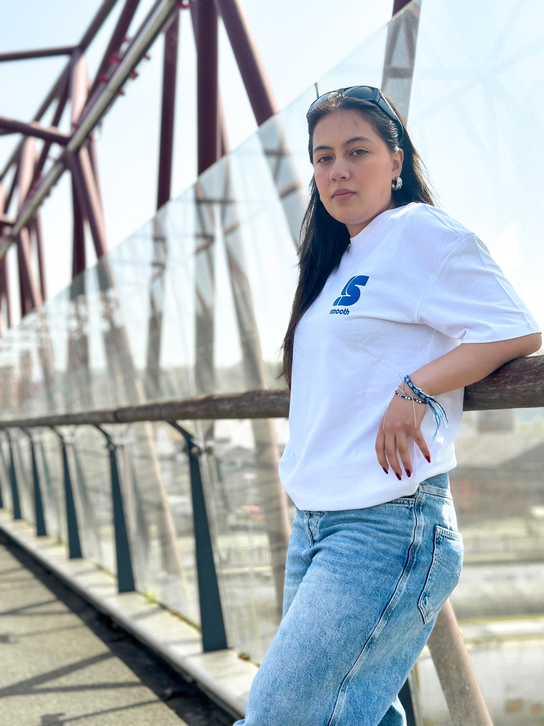 Heavy White T / S Logo Blue Front+Back Women