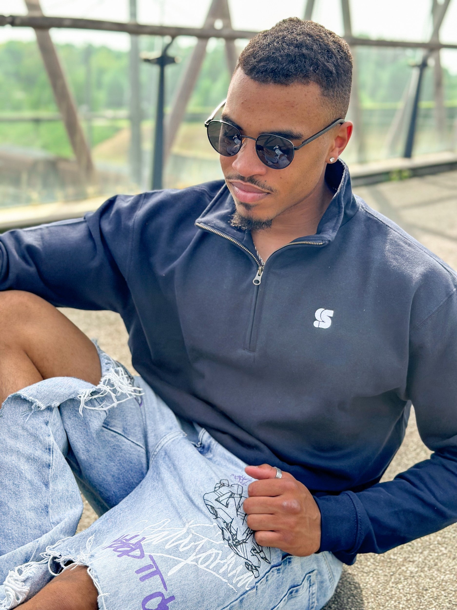 Navy Half Zip Crew / S Logo White Embroidered Men
