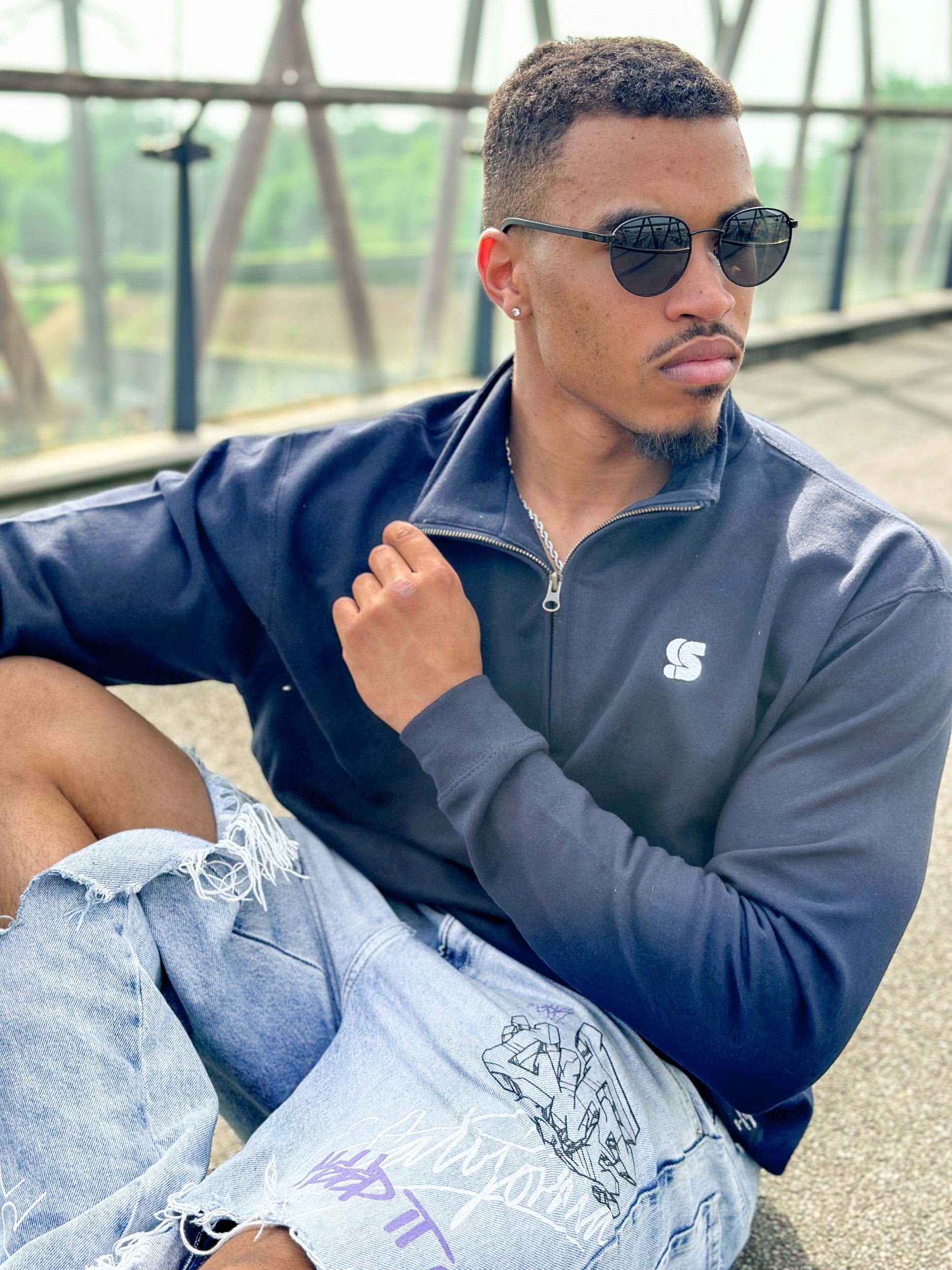 Navy Half Zip Crew / S Logo White Embroidered Men