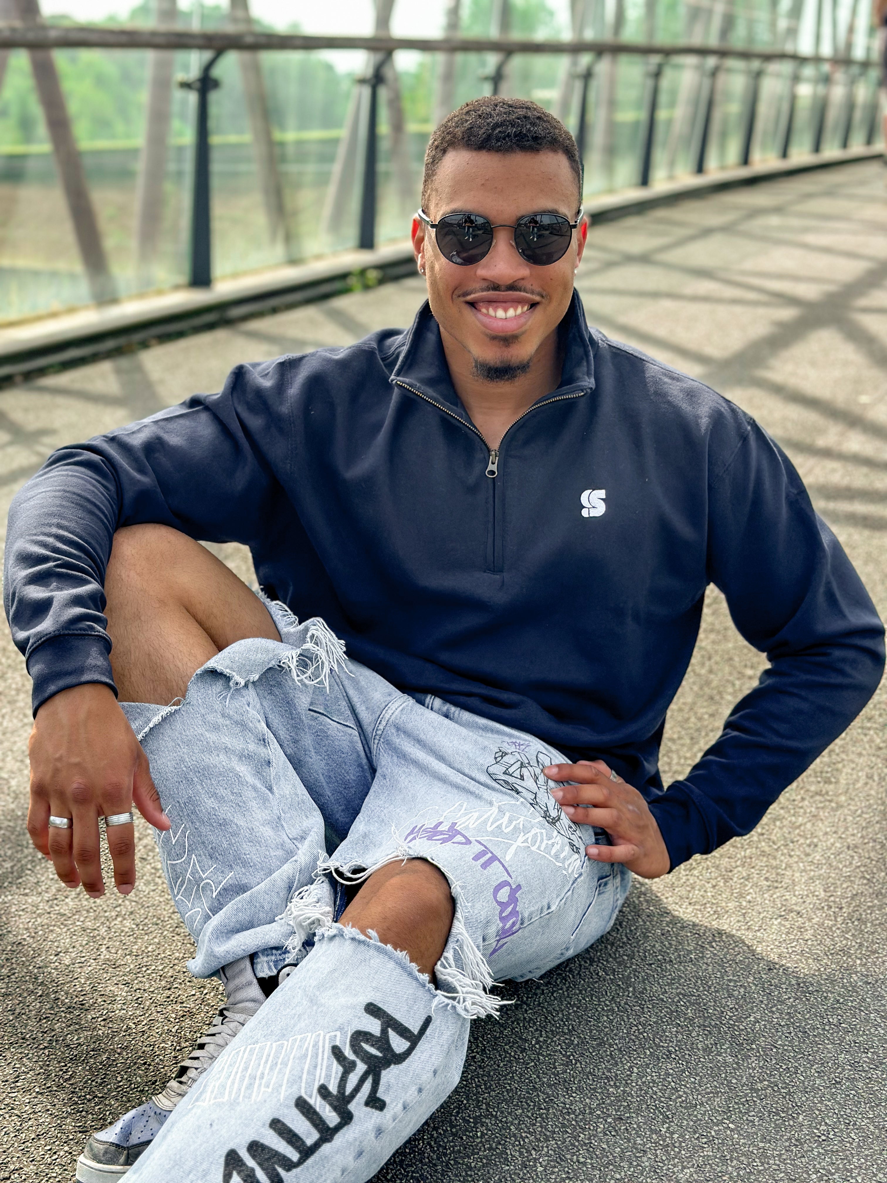 Navy Half Zip Crew / S Logo White Embroidered Men