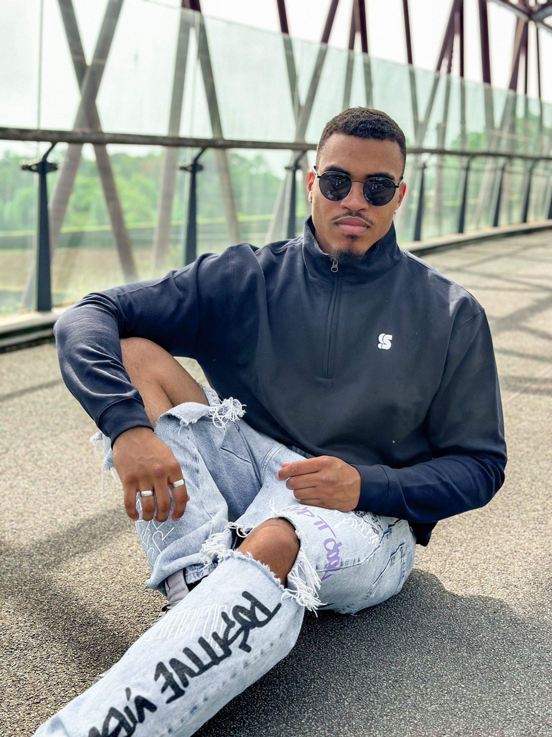 Navy Half Zip Crew / S Logo White Embroidered Men