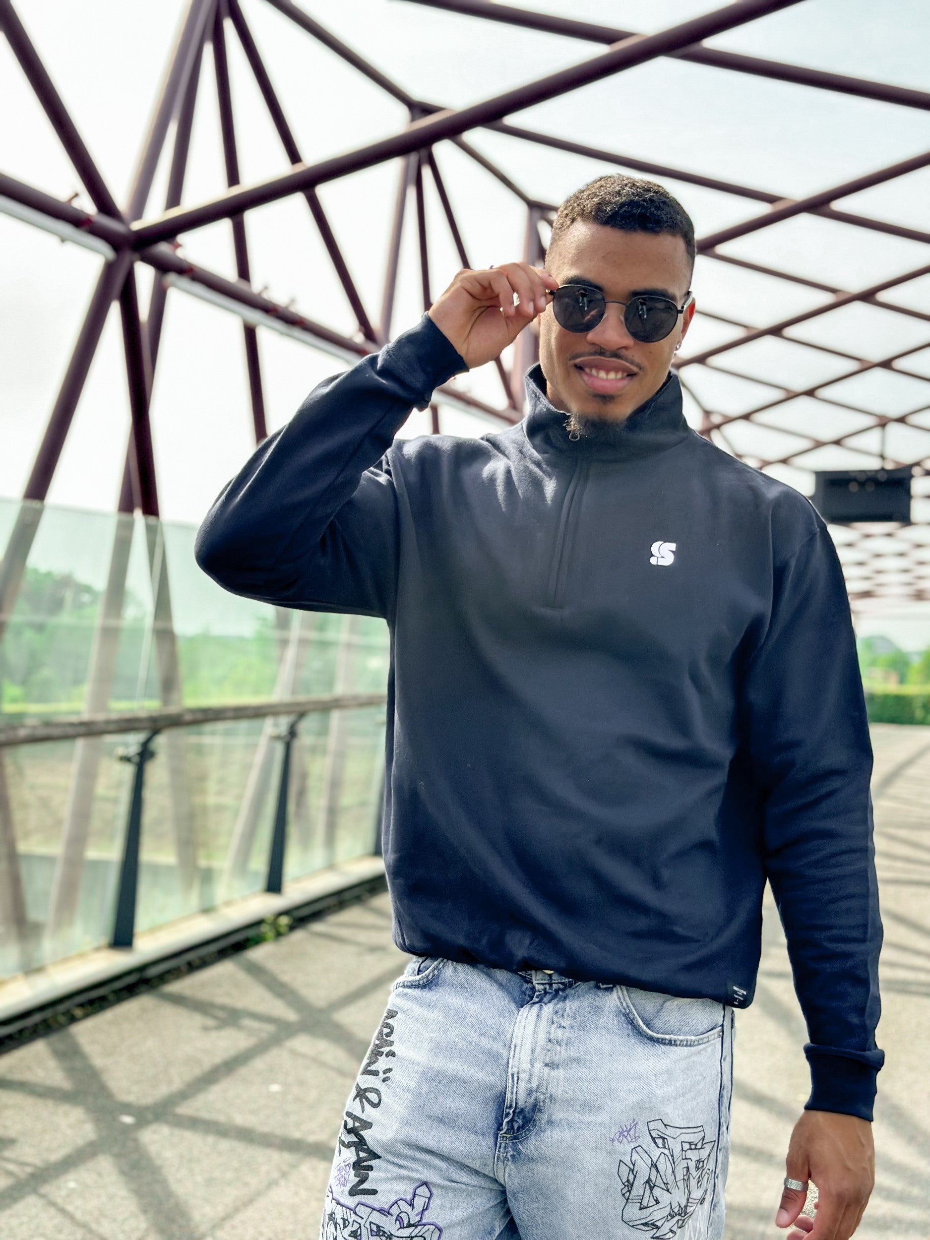 Navy Half Zip Crew / S Logo White Embroidered Men