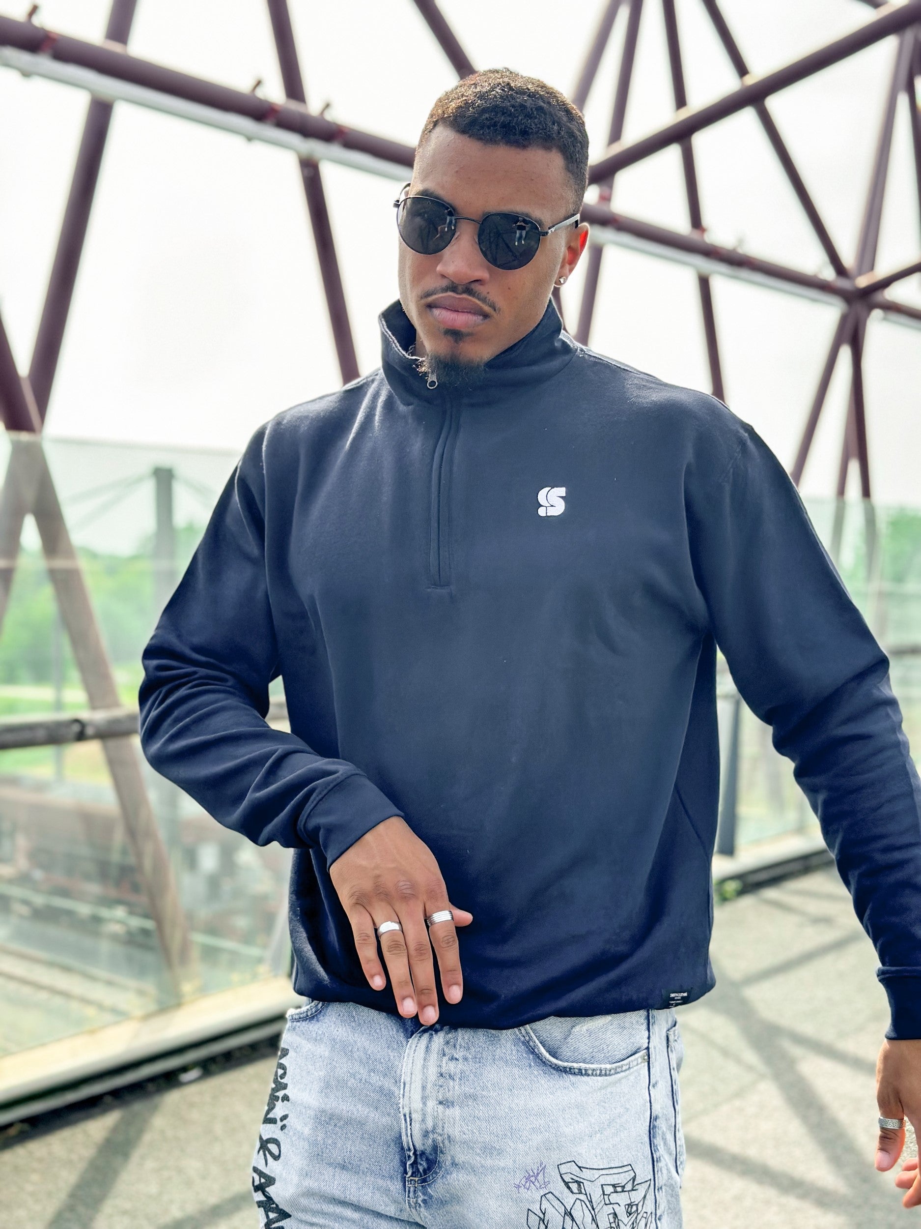 Navy Half Zip Crew / S Logo White Embroidered Men