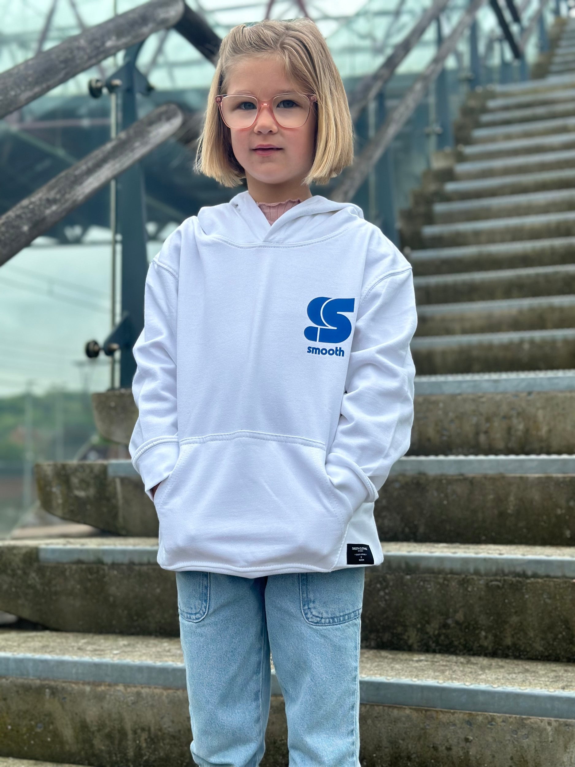 White Kids Hoodie / S Logo Blue Front+Back Girls
