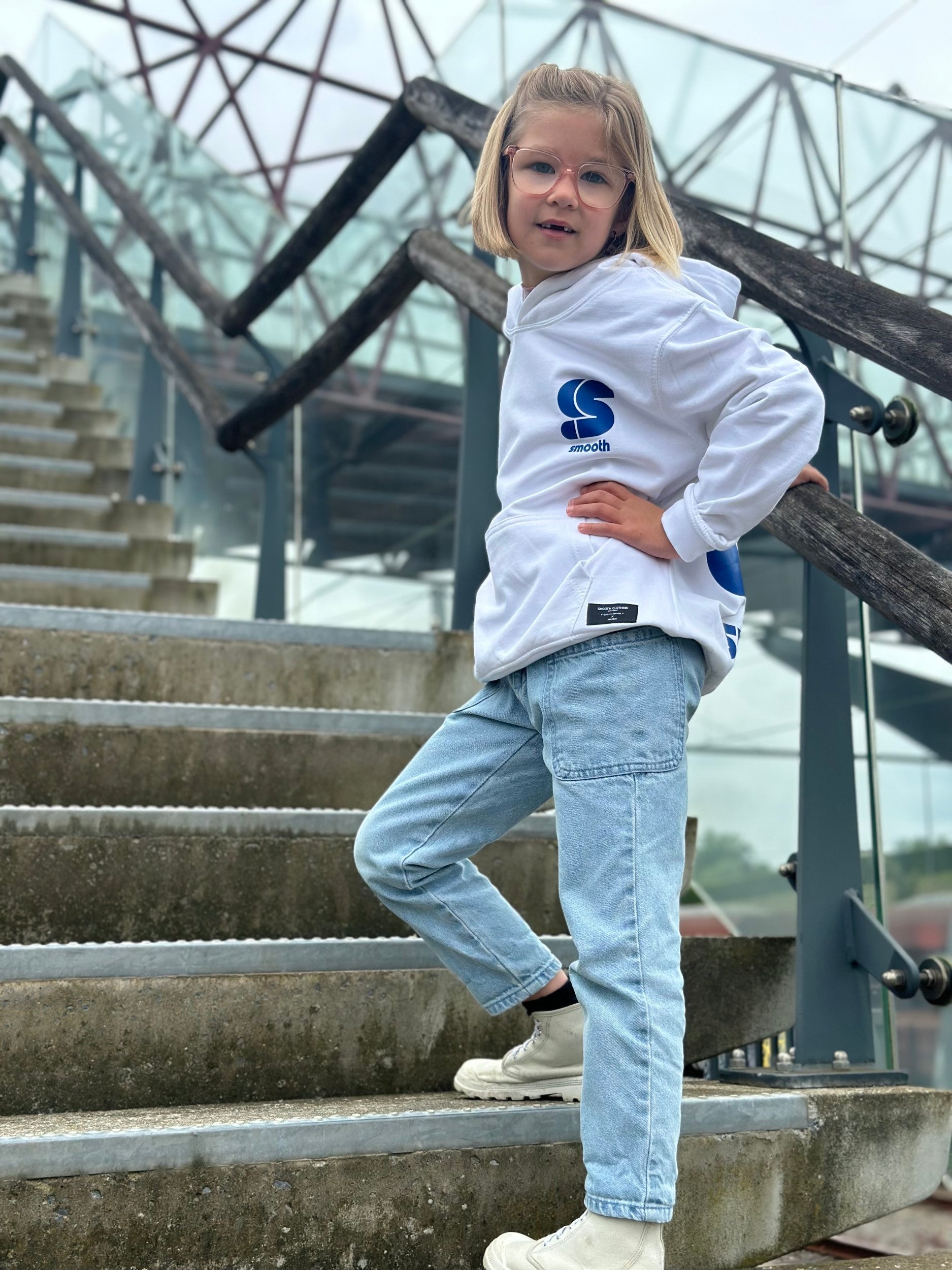 White Kids Hoodie / S Logo Blue Front+Back Girls