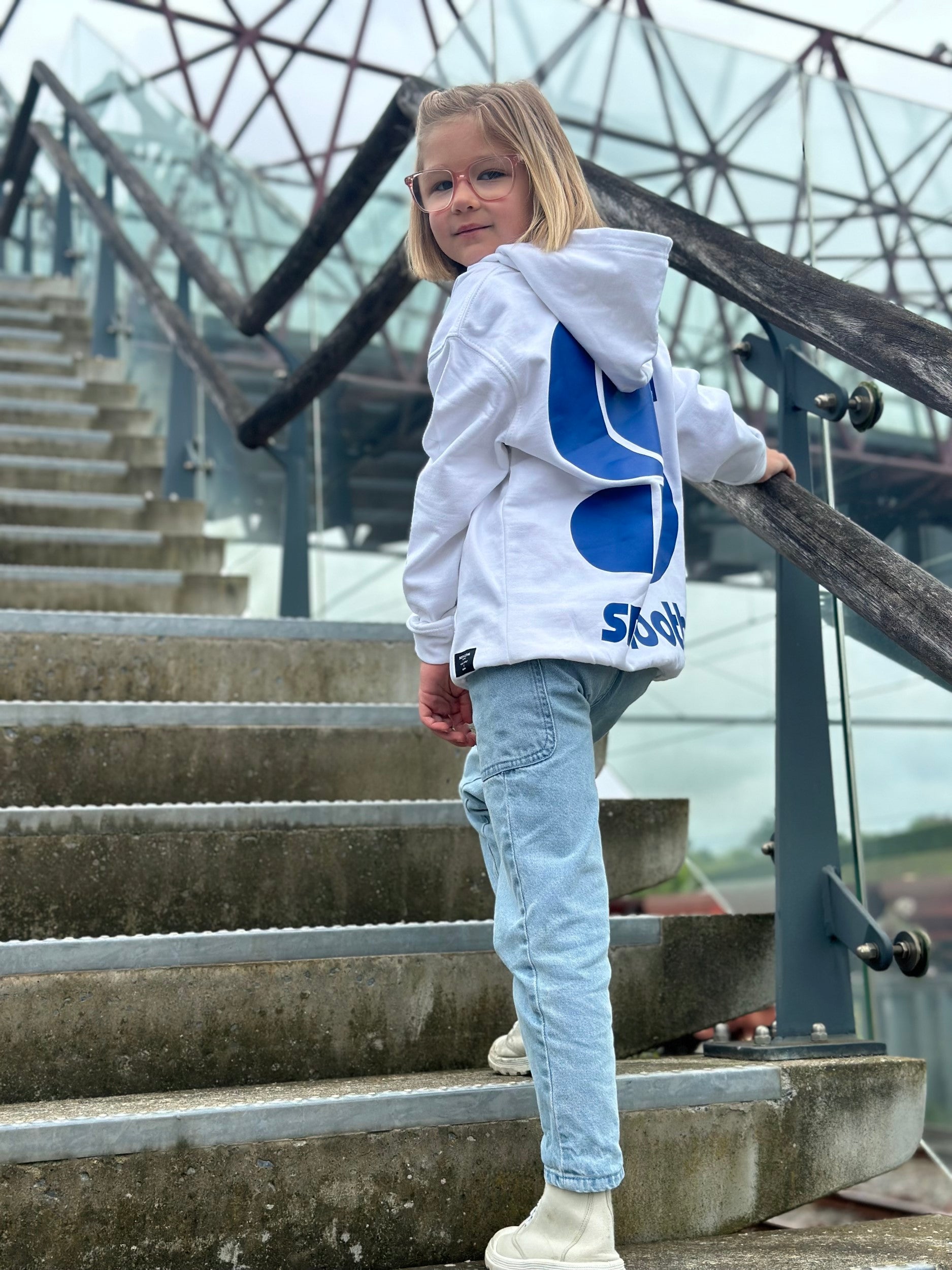 White Kids Hoodie / S Logo Blue Front+Back Girls