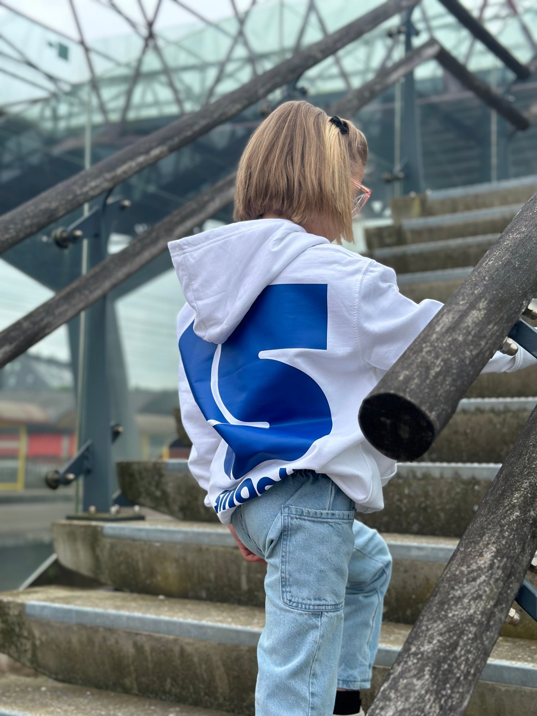 White Kids Hoodie / S Logo Blue Front+Back Girls
