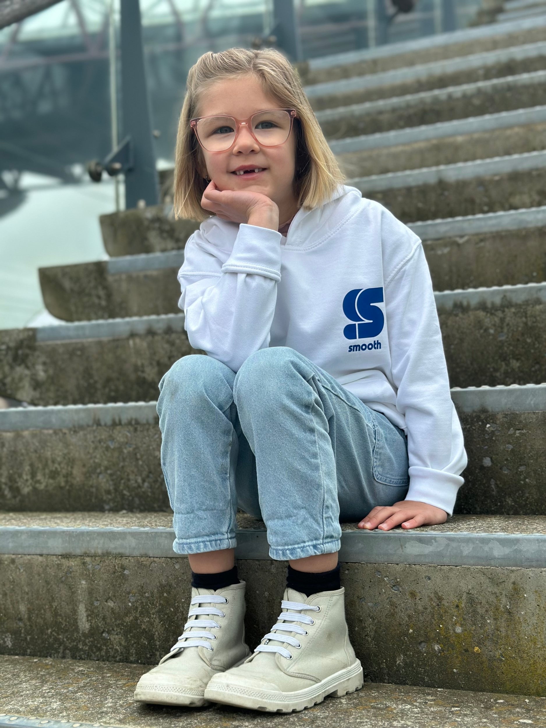 White Kids Hoodie / S Logo Blue Front+Back Girls