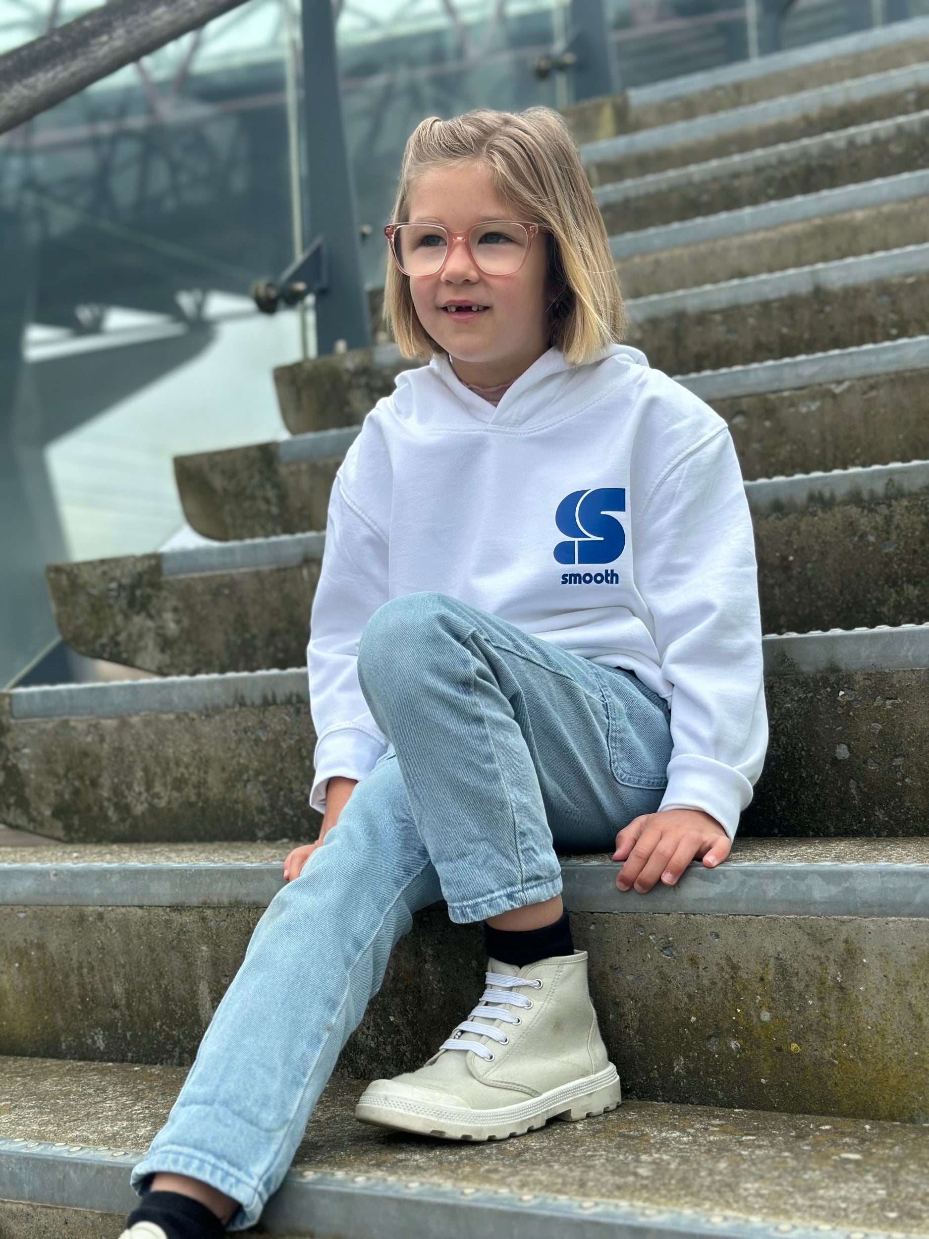 White Kids Hoodie / S Logo Blue Front+Back Girls