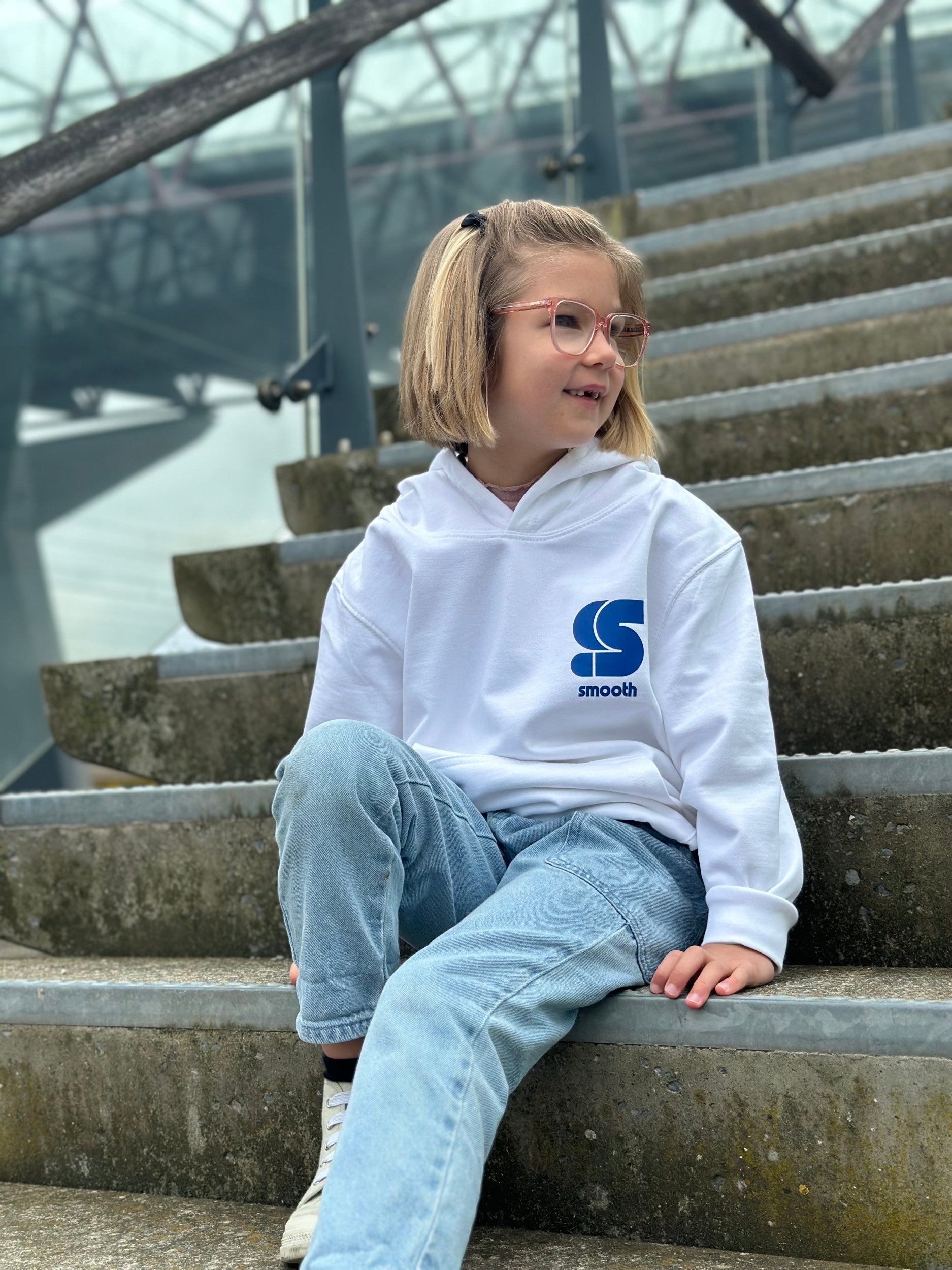 White Kids Hoodie / S Logo Blue Front+Back Girls