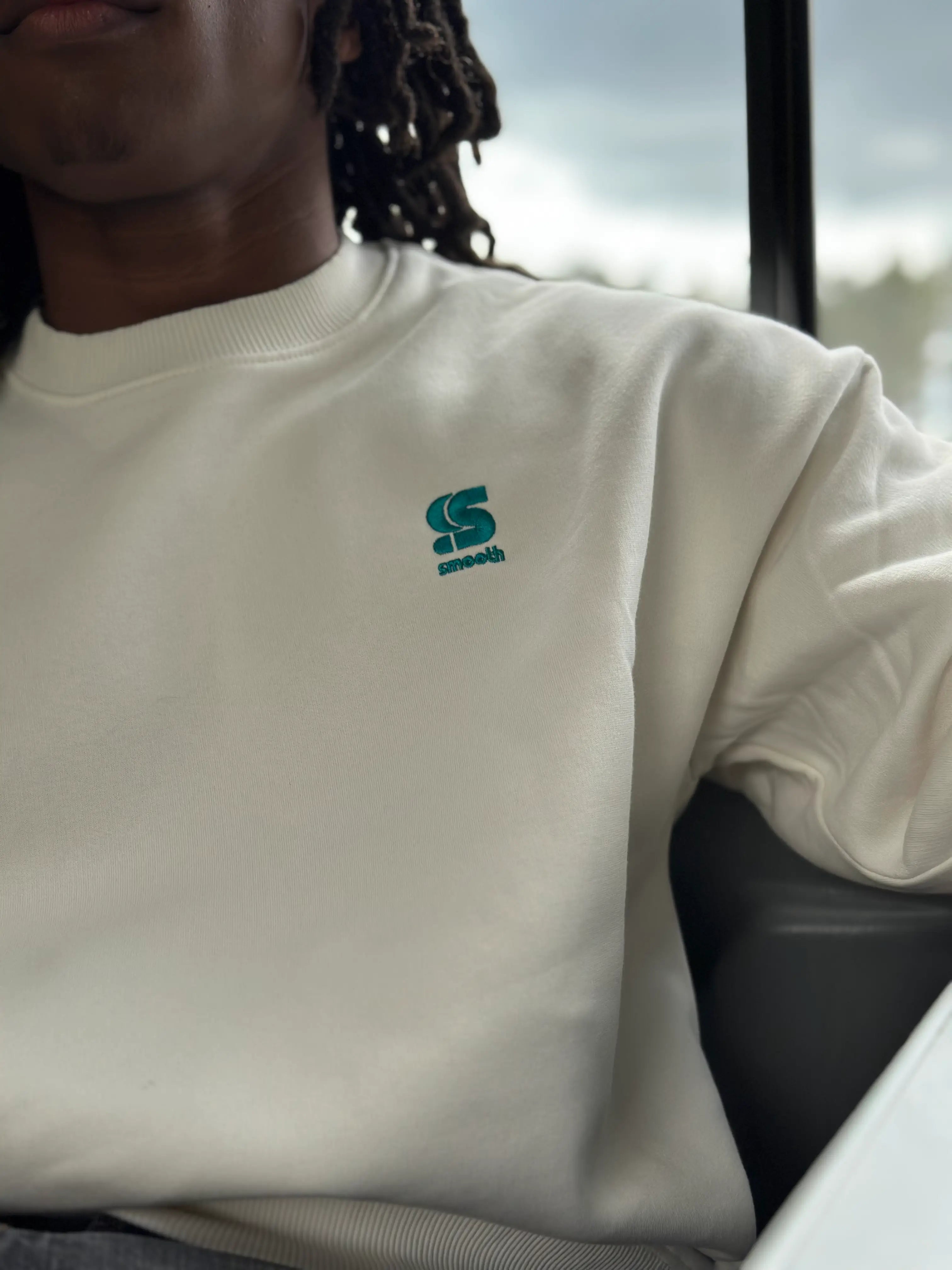 Ivory Oversized Crew - S Embroidered Green Men