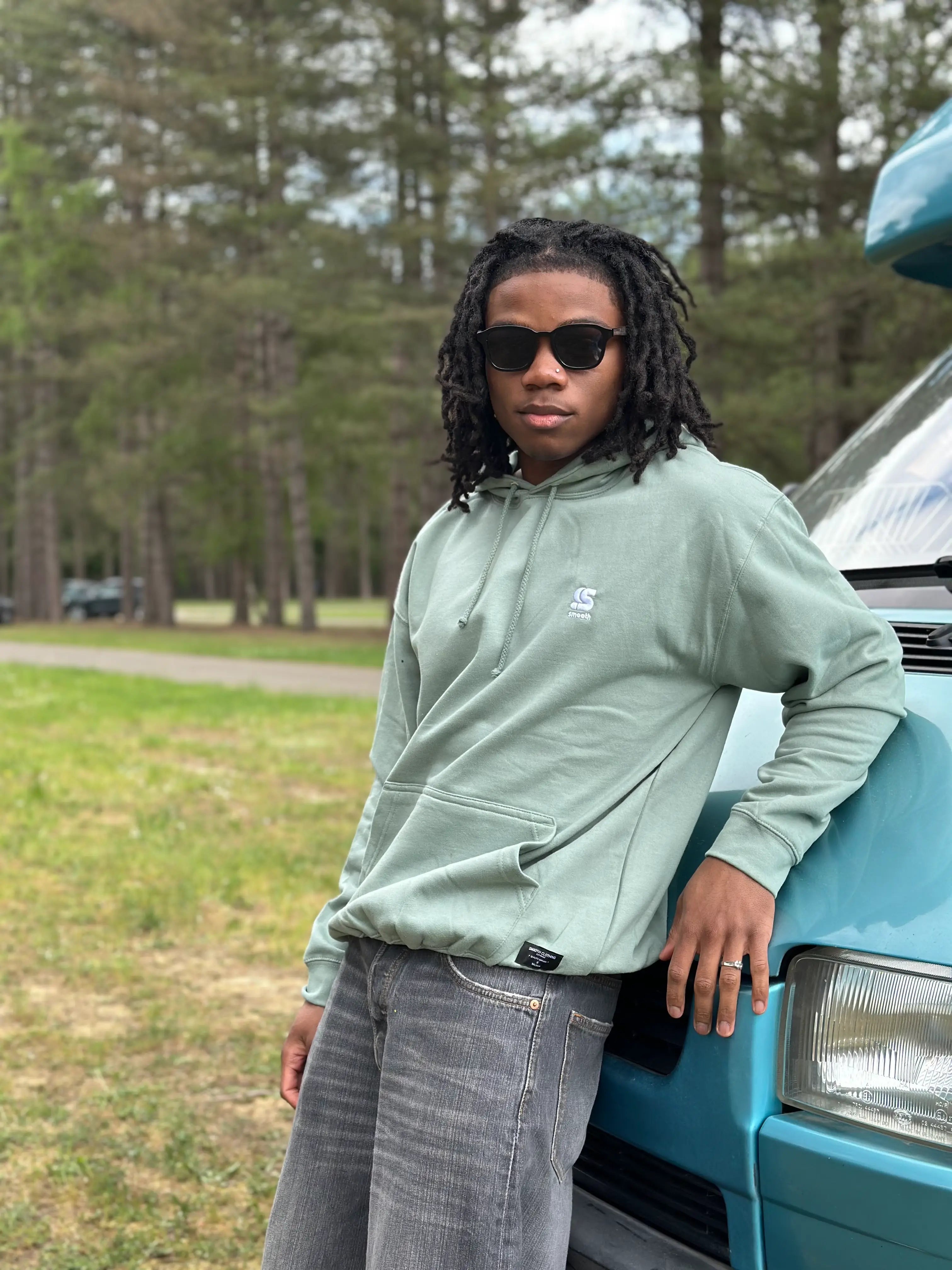 Dusty Green Summer Hoodie / S Embroidered White Men