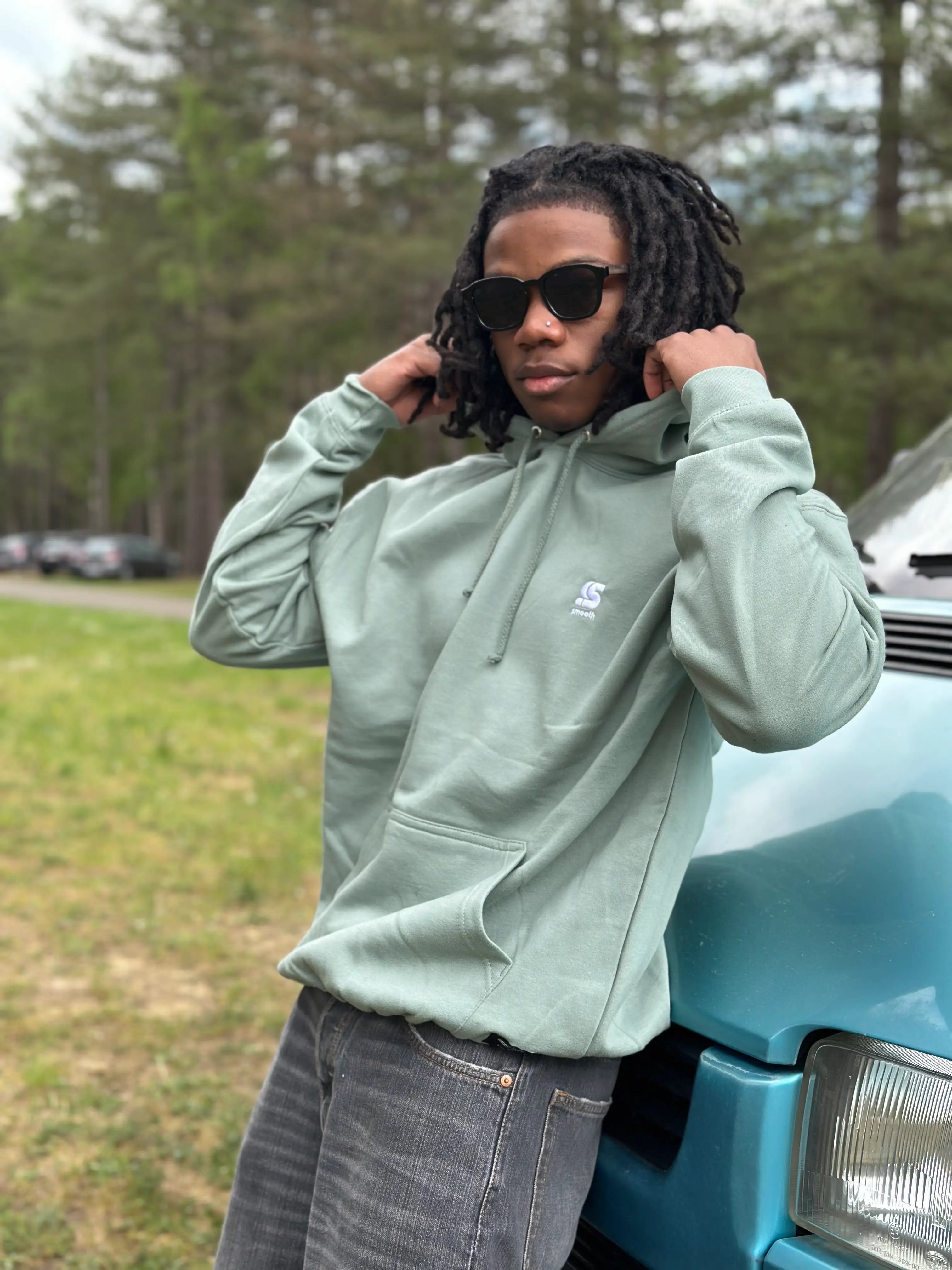 Dusty Green Summer Hoodie / S Embroidered White Men